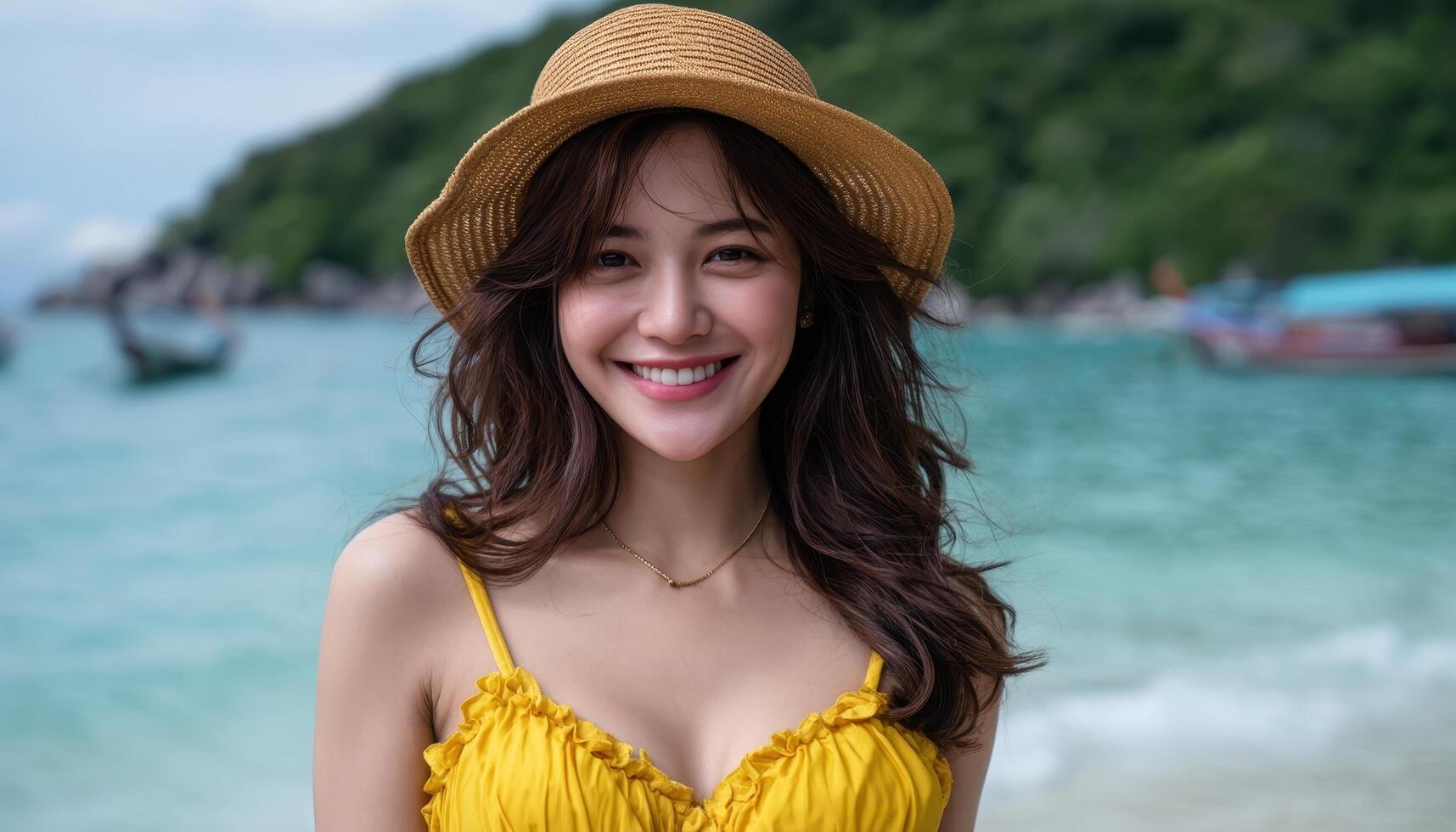 Beach smiles young woman in yellow swimwear tropical island portrait summer vibes joyful expression photo