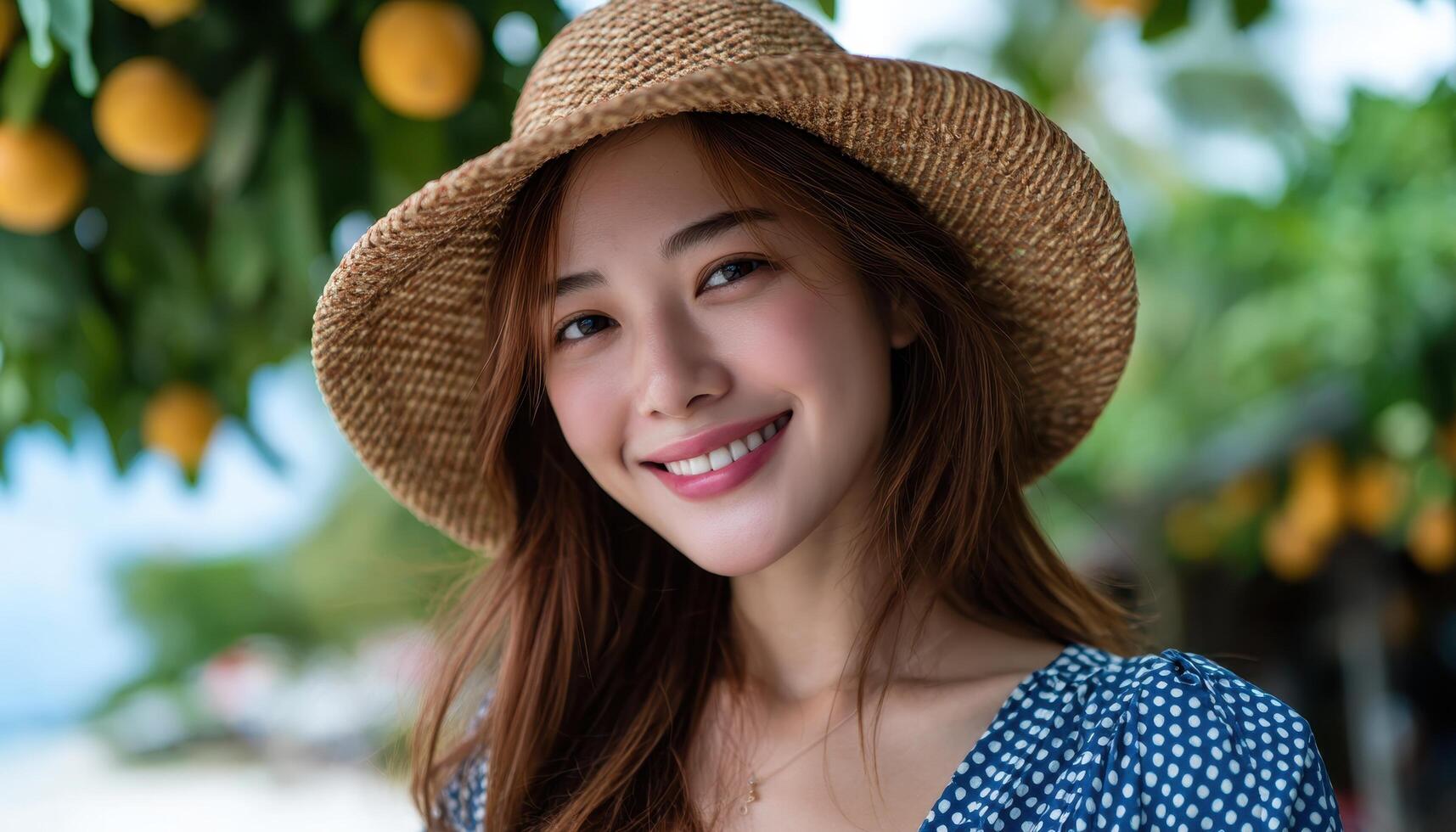 Young woman smiling under citrus trees beachside portrait tropical paradise natural light photo