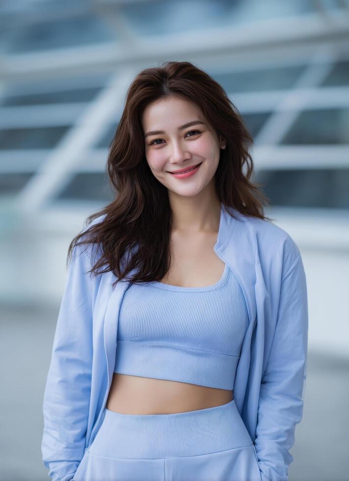 Smiling woman in casual blue outfit urban setting lifestyle portrait natural light photo