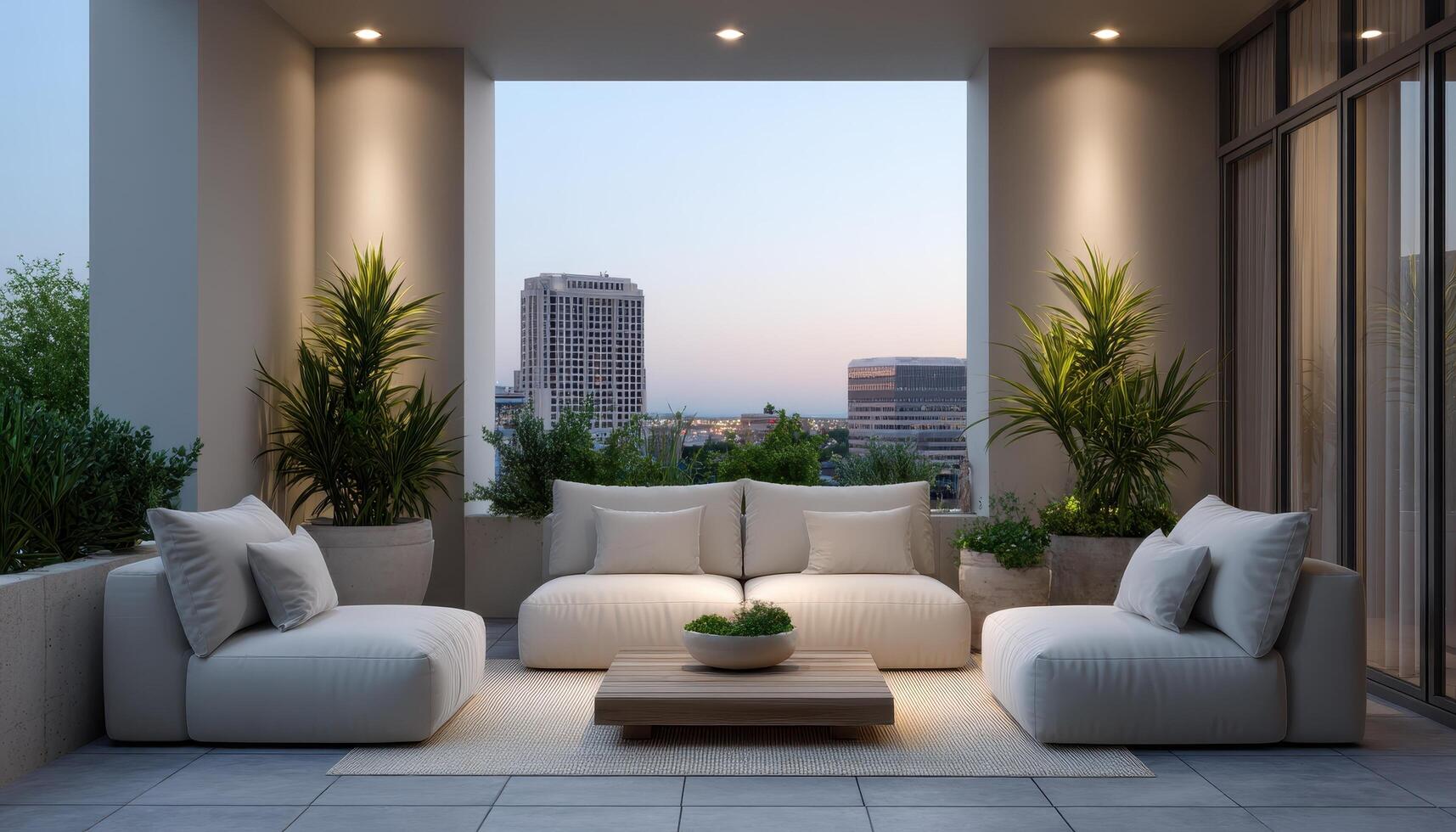 Trendy minimalist outdoor patio furniture urban rooftop modern design evening serenity photo