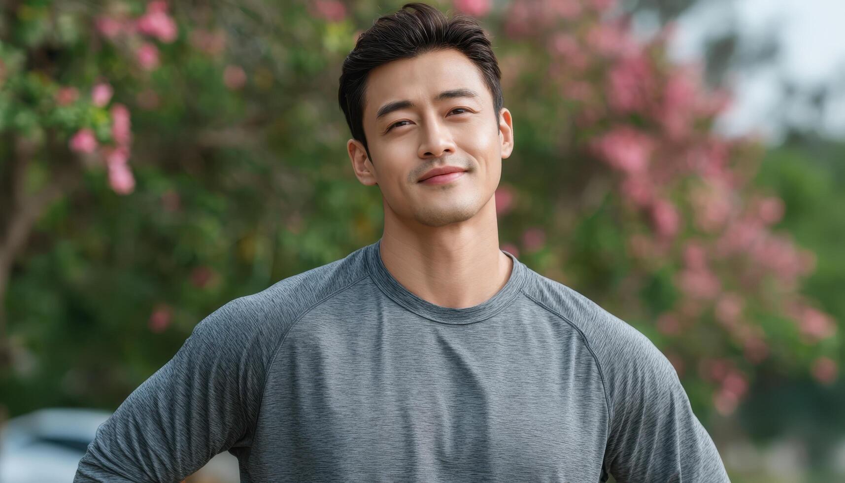Fit young asian man confidently performing shoulder stretch outdoors active lifestyle fitness photo