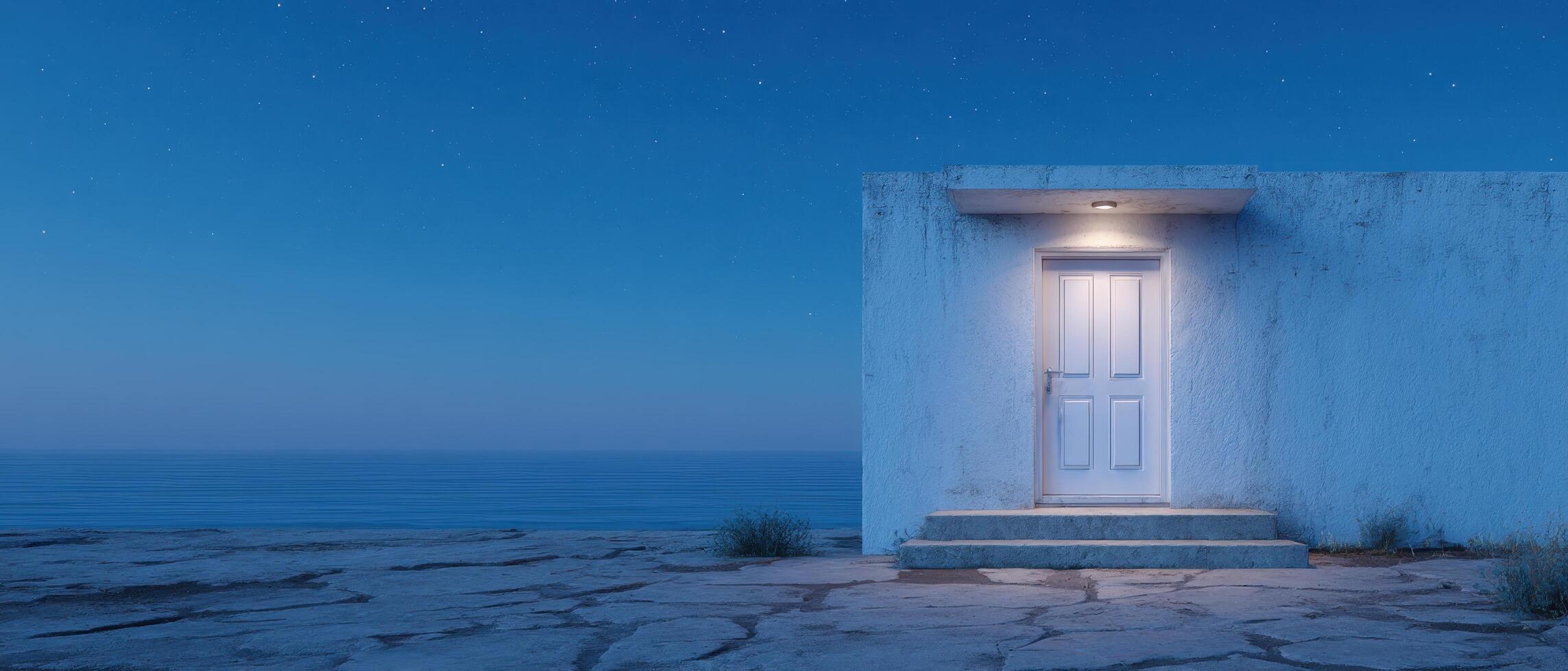 Illuminated whitewashed door at twilight coastal landscape architectural photograph serene environment photo