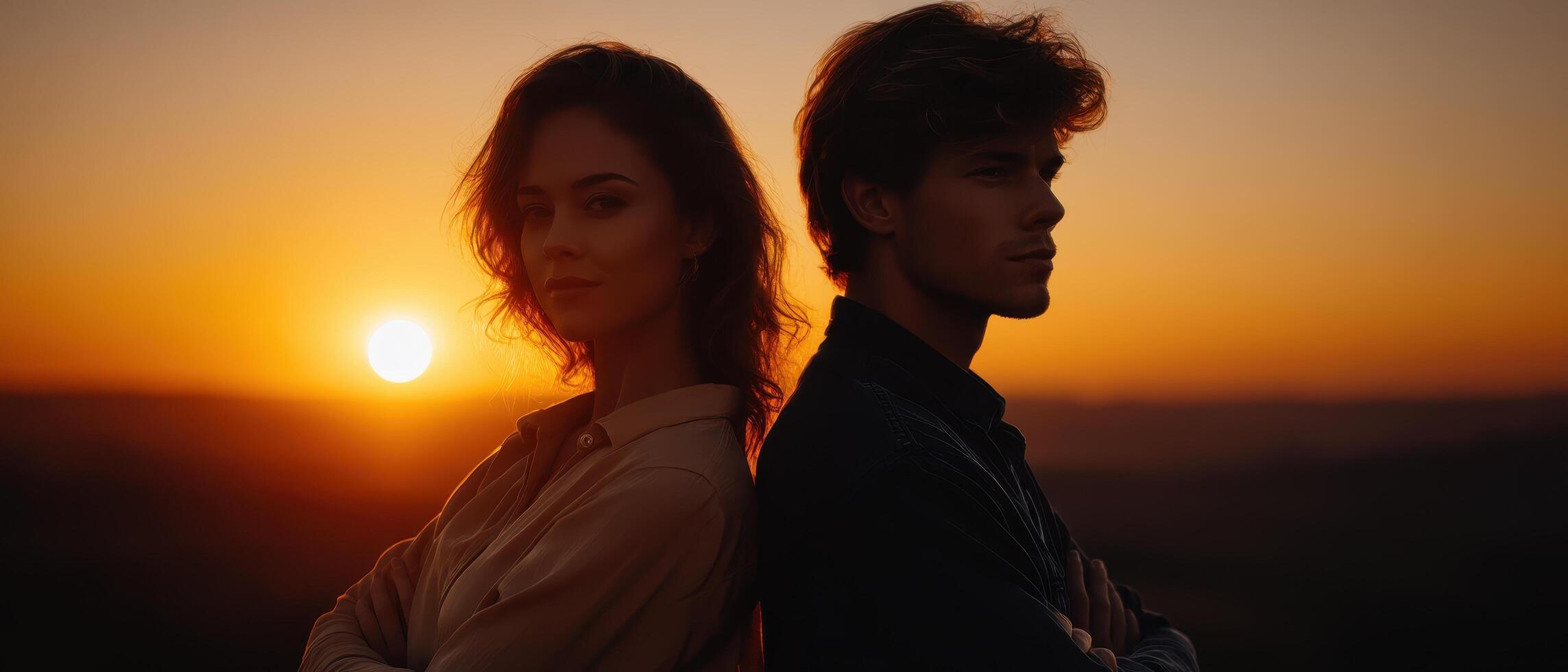 Couple embracing sunset on hilltop romantic moment outdoor scenic landscape view photo