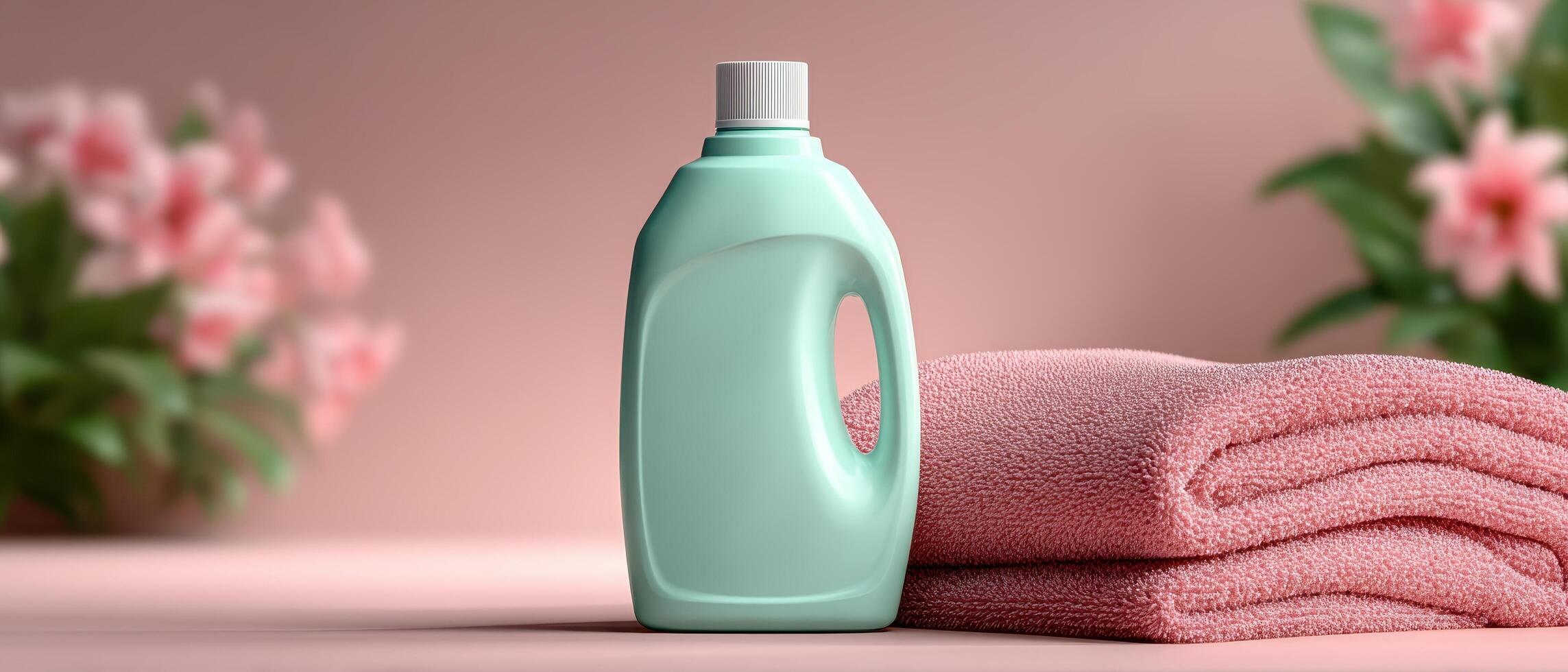 Laundry detergent bottle display with towels soft background product photography calm environment photo