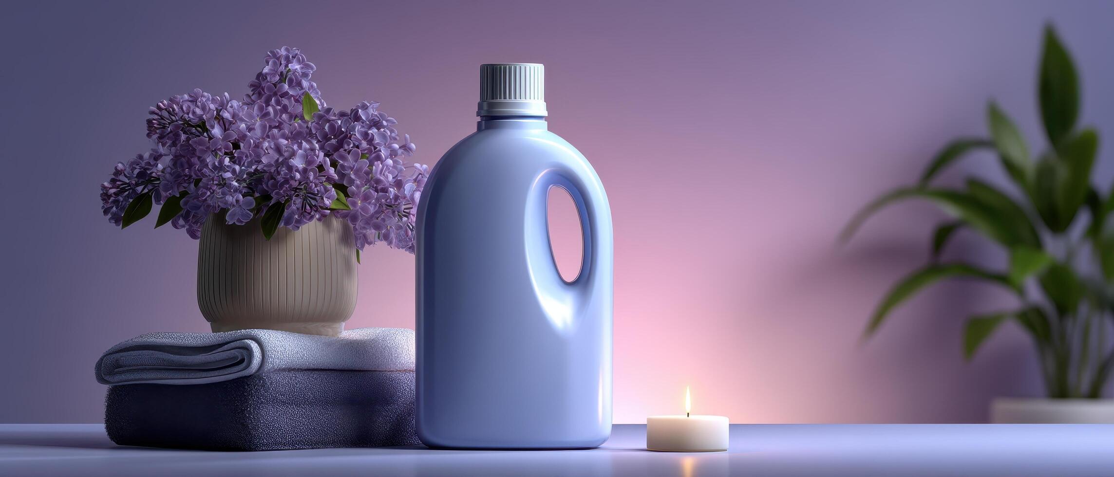 Captivating still life of laundry detergent bottle and flowers home setting photography cozy atmosphere photo