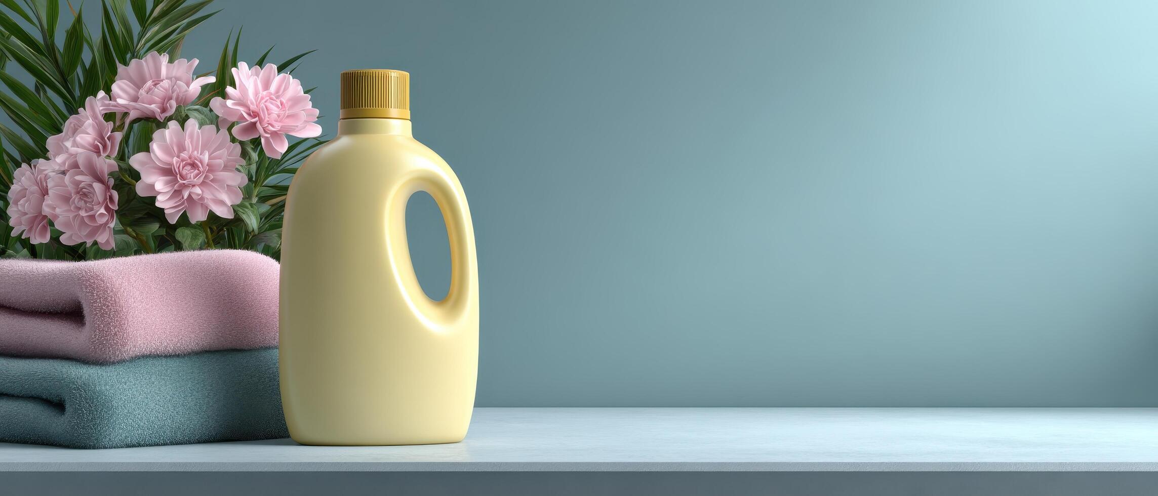 Laundry detergent bottle with floral arrangement minimalist setting still life natural light photo