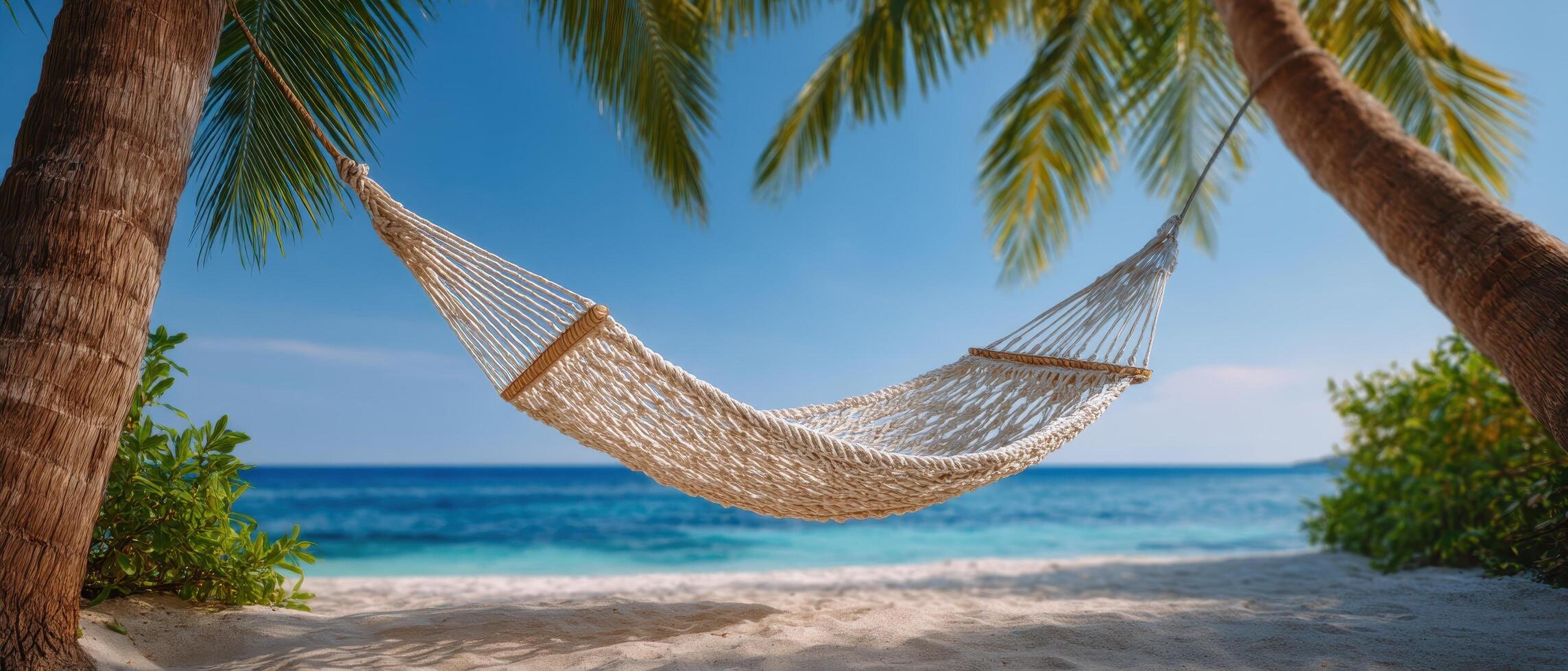 Relaxing hammock between palm trees on sandy beach tropical paradise serene view photo