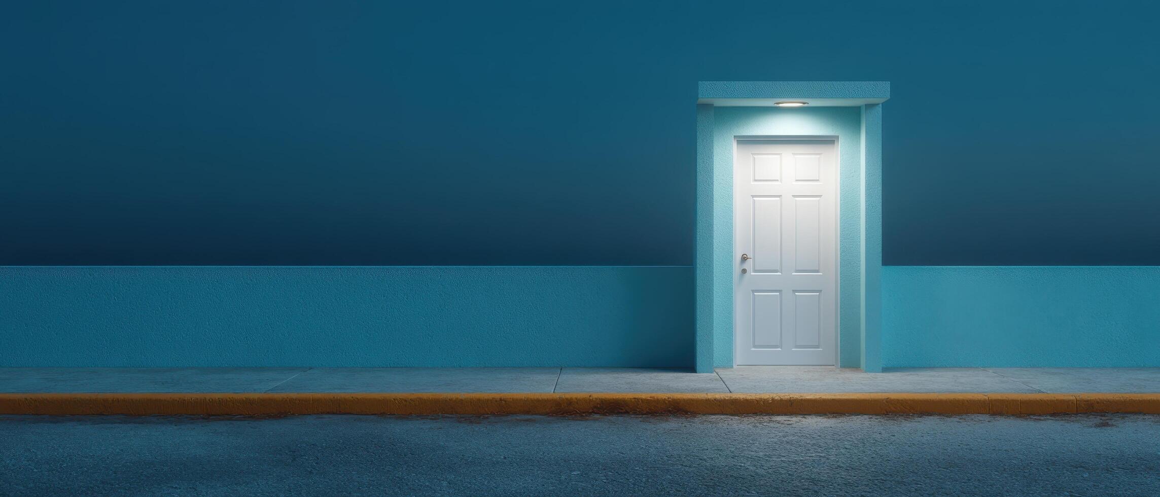 A minimalistic metal door framed by cool teal light at night architectural photography calm setting photo