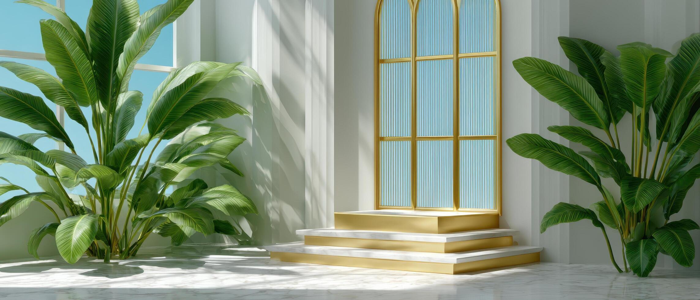 Elegant golden podium display modern interior 3d render bright ambiance low angle minimalism photo