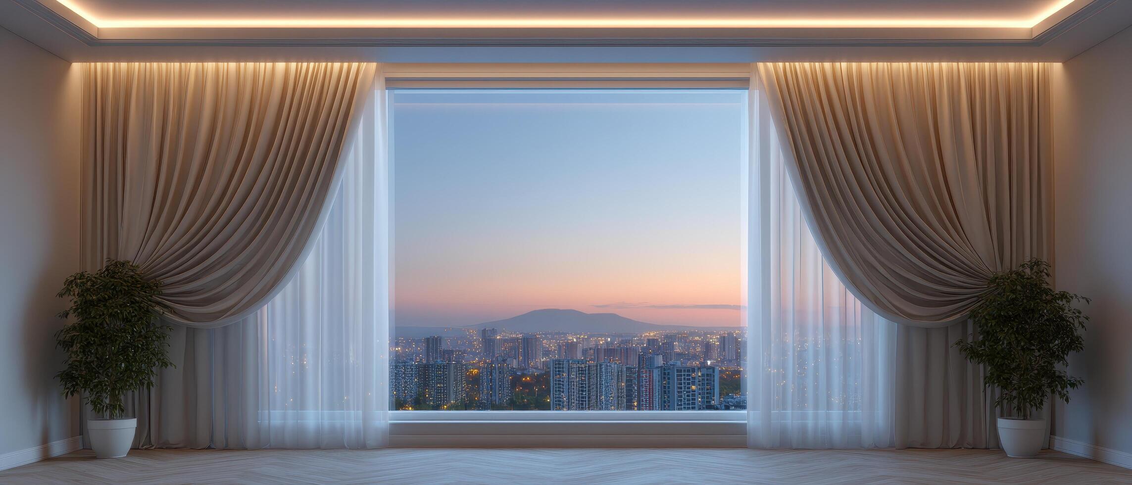 Spacious empty apartment room with city view at sunset modern decor calm environment photo