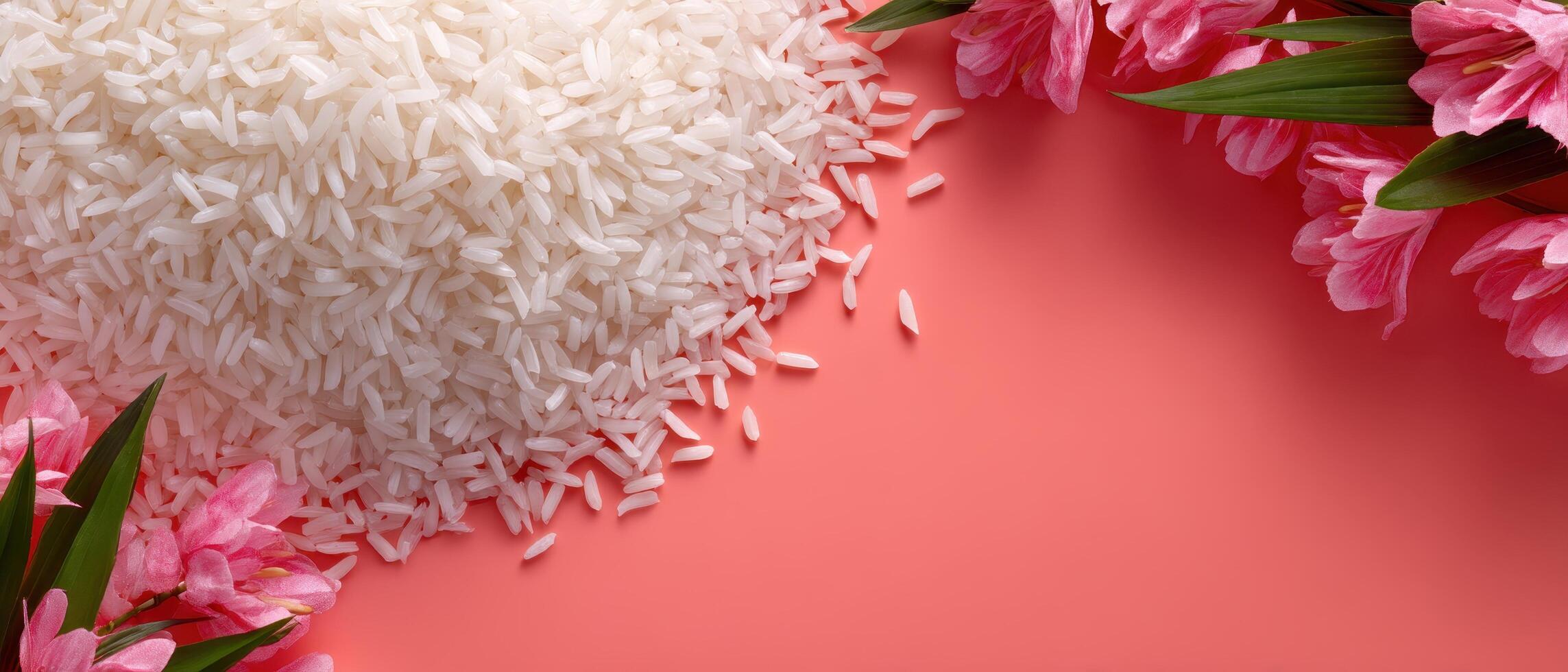 Scattered cooked rice with floral accents minimalist presentation soft color palette photo