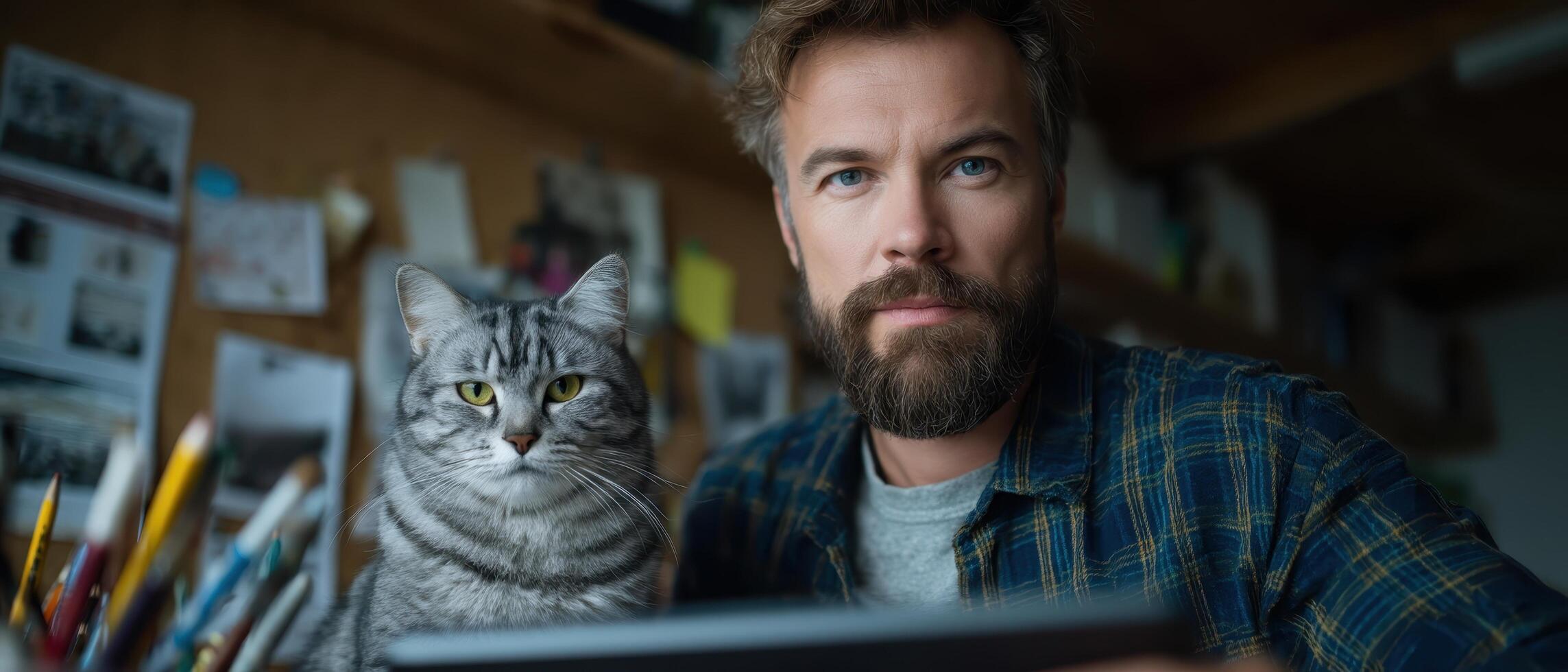 Artist sketching with cat companion in home studio creative environment digital art focus photo