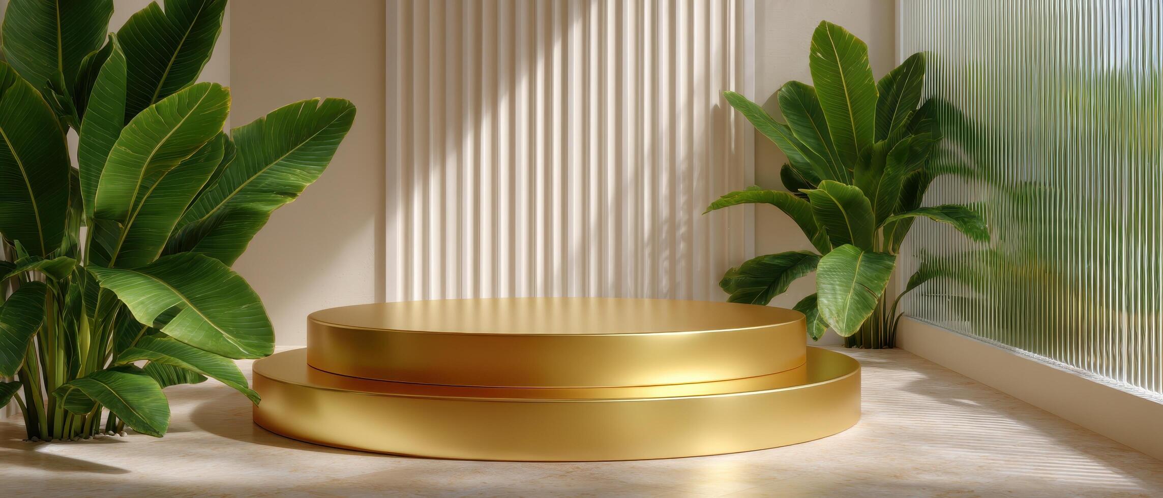 Stylish golden standard display in modern interior space with lush greenery photo