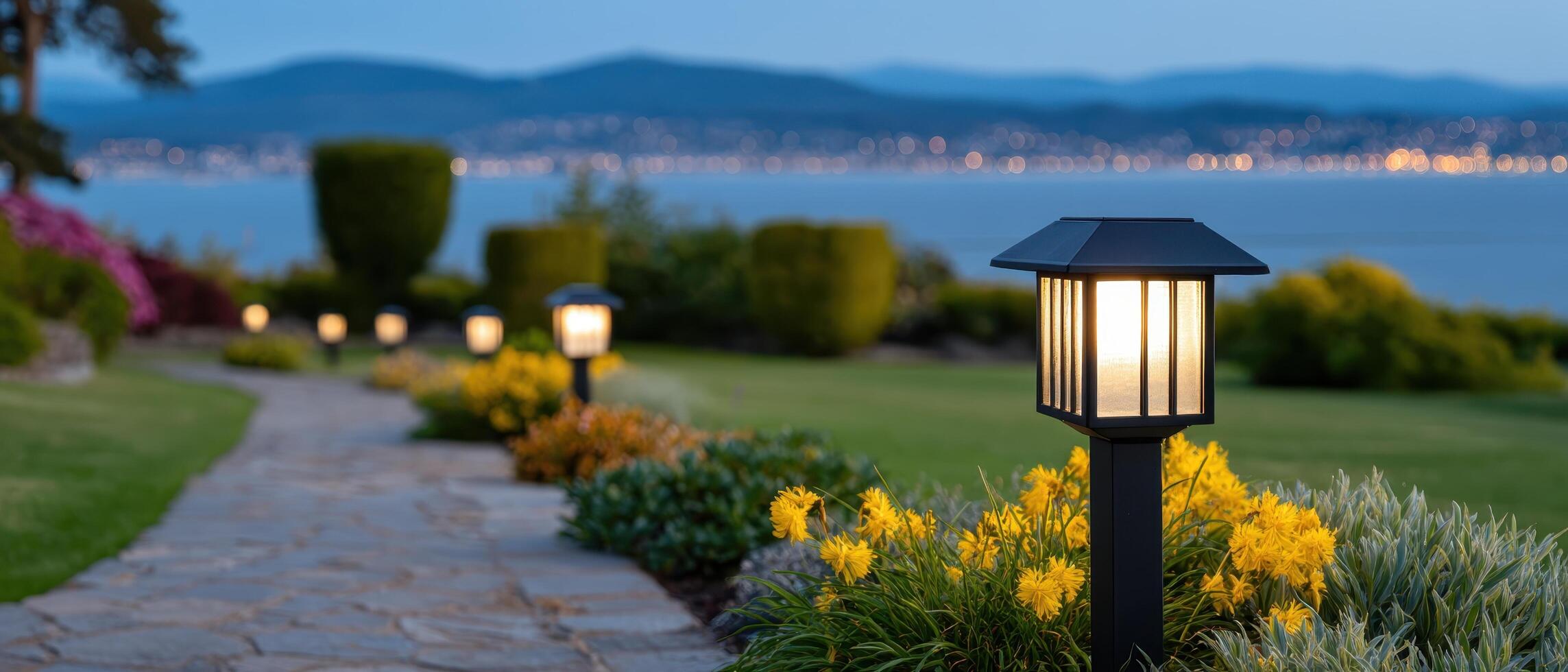 Elegant evening garden path with stylish lawn lights coastal view outdoor photography photo