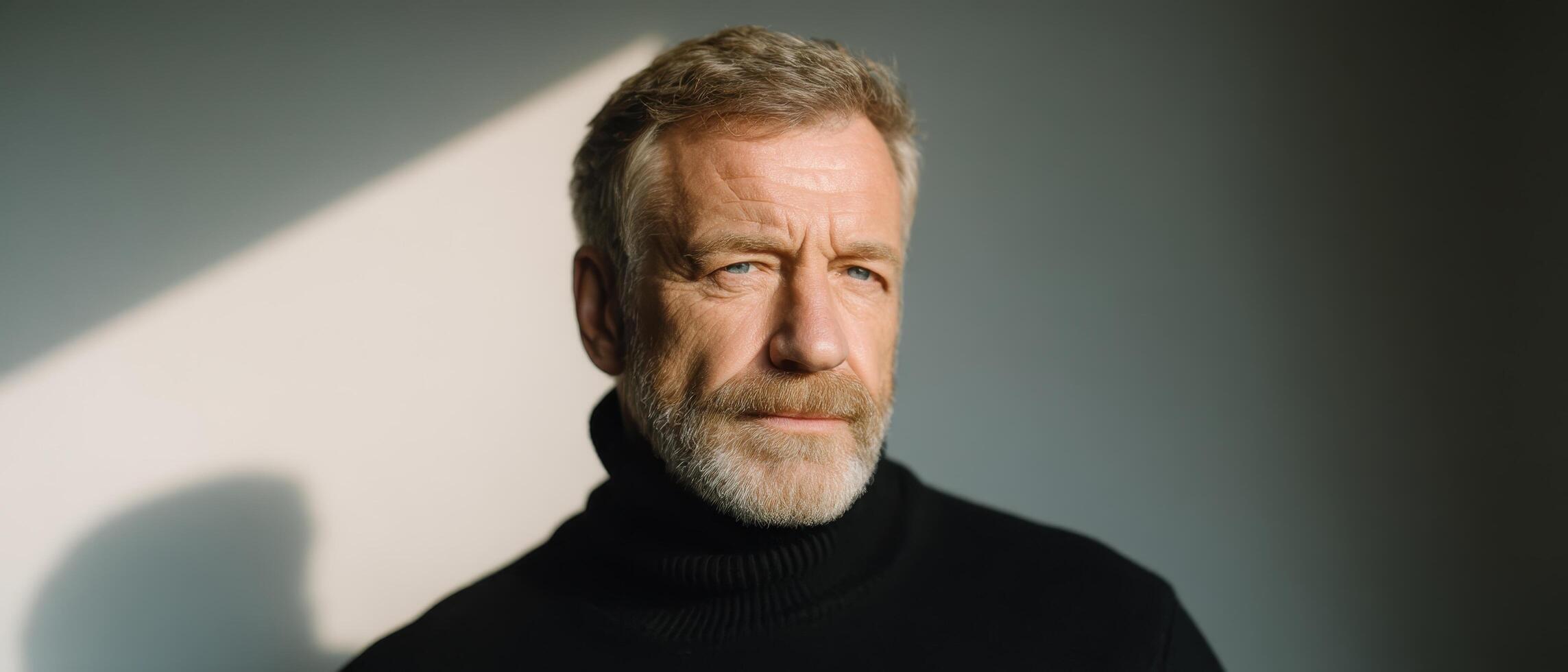 Minimal portrait of a middle-aged man in a black turtleneck studio setting calm mood photo