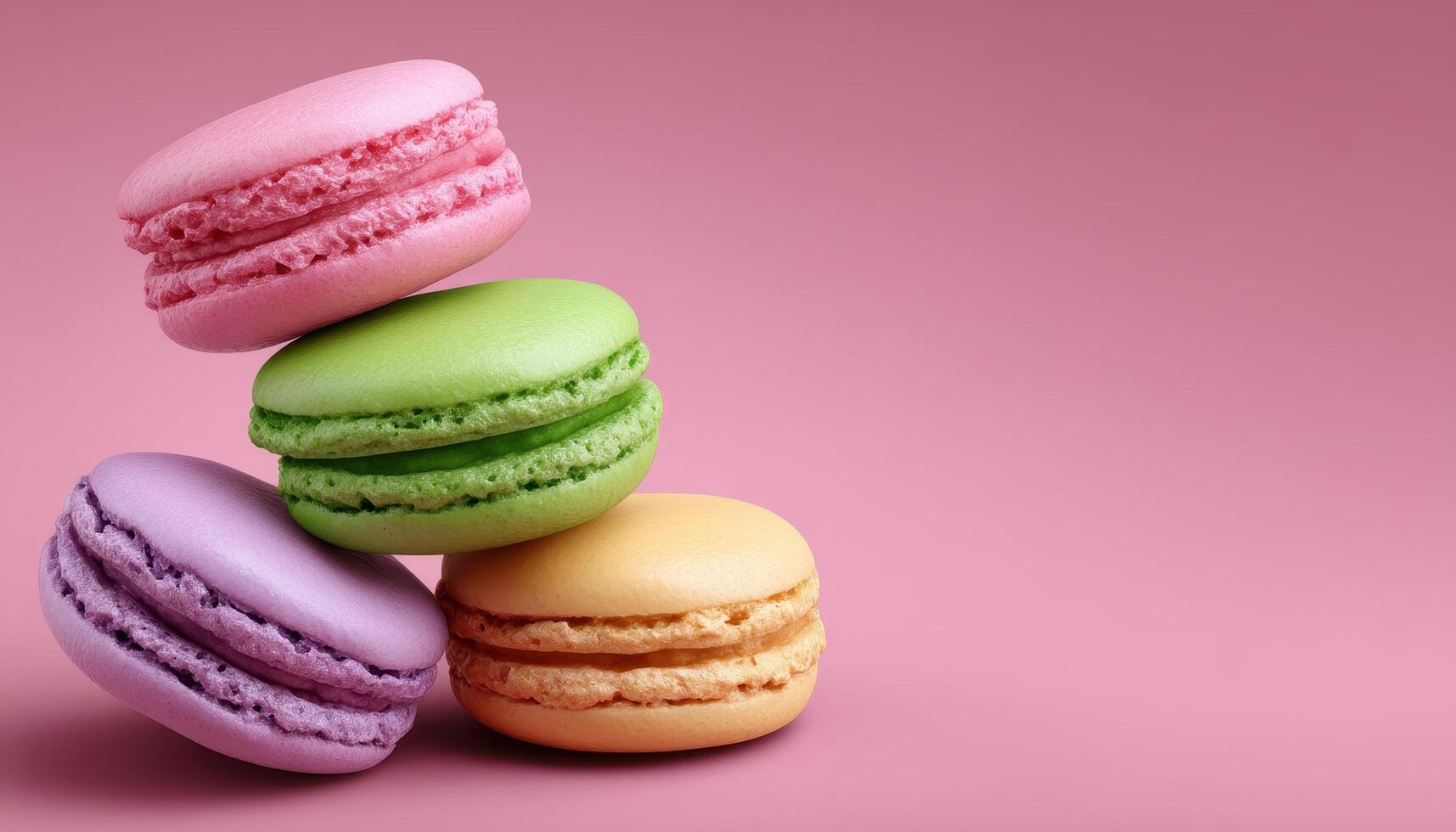 Colorful pastel macarons stacked on pink background food photography sweet treats artistic view photo
