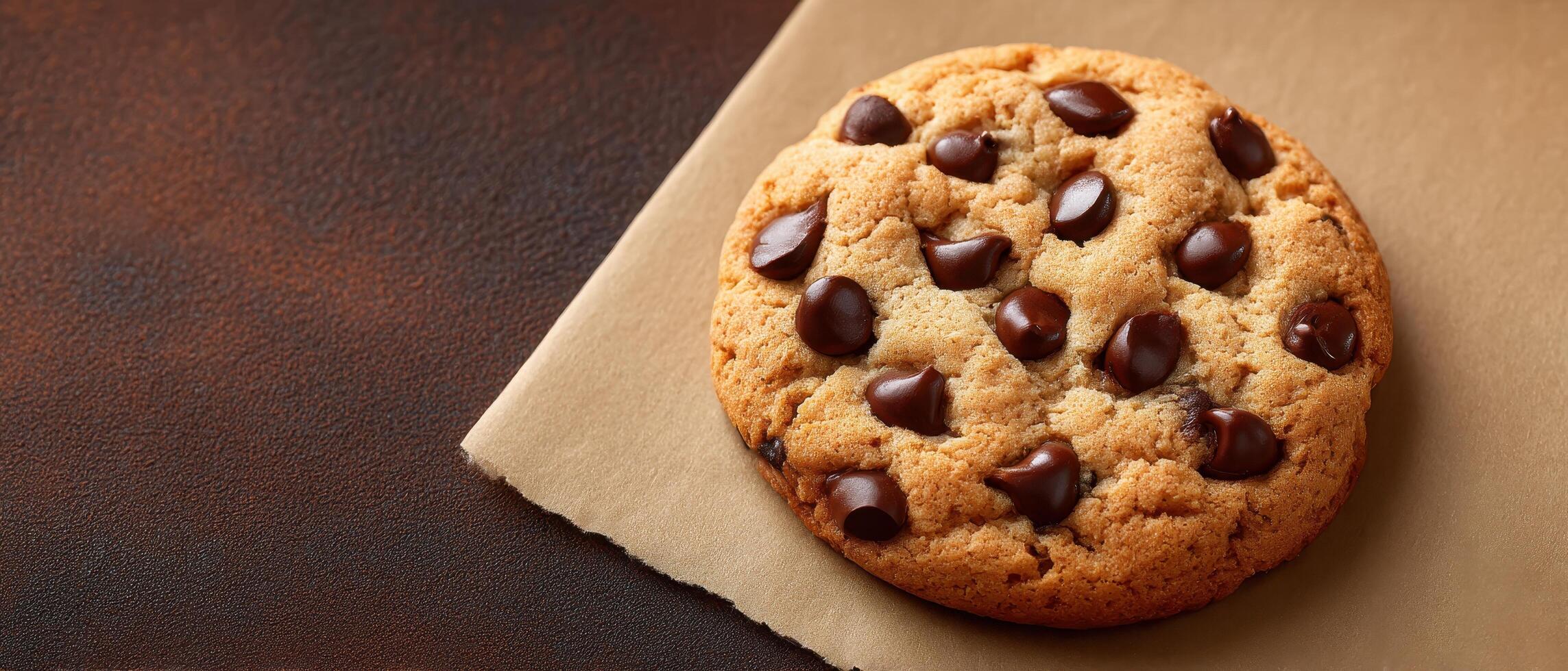 Soft chocolate chip cookie on parchment paper delicious treat home baking warm close-up photo