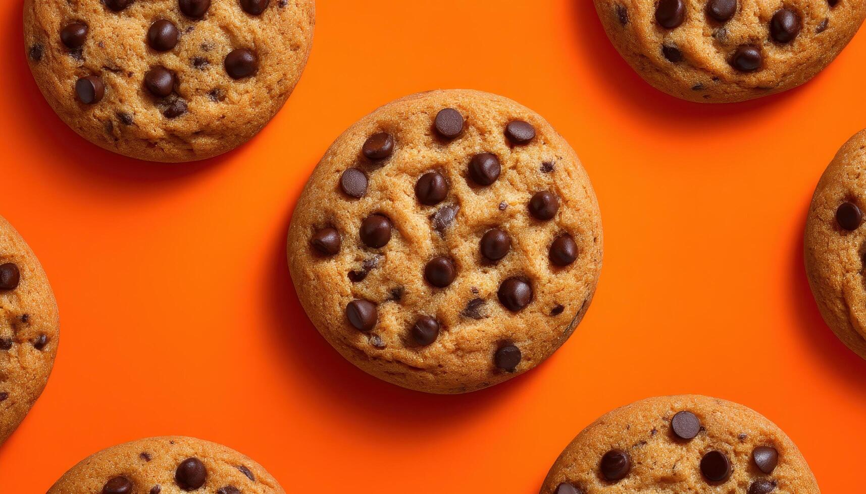 Delicious chocolate chip cookies scattered on vibrant orange background food photography aesthetic view photo