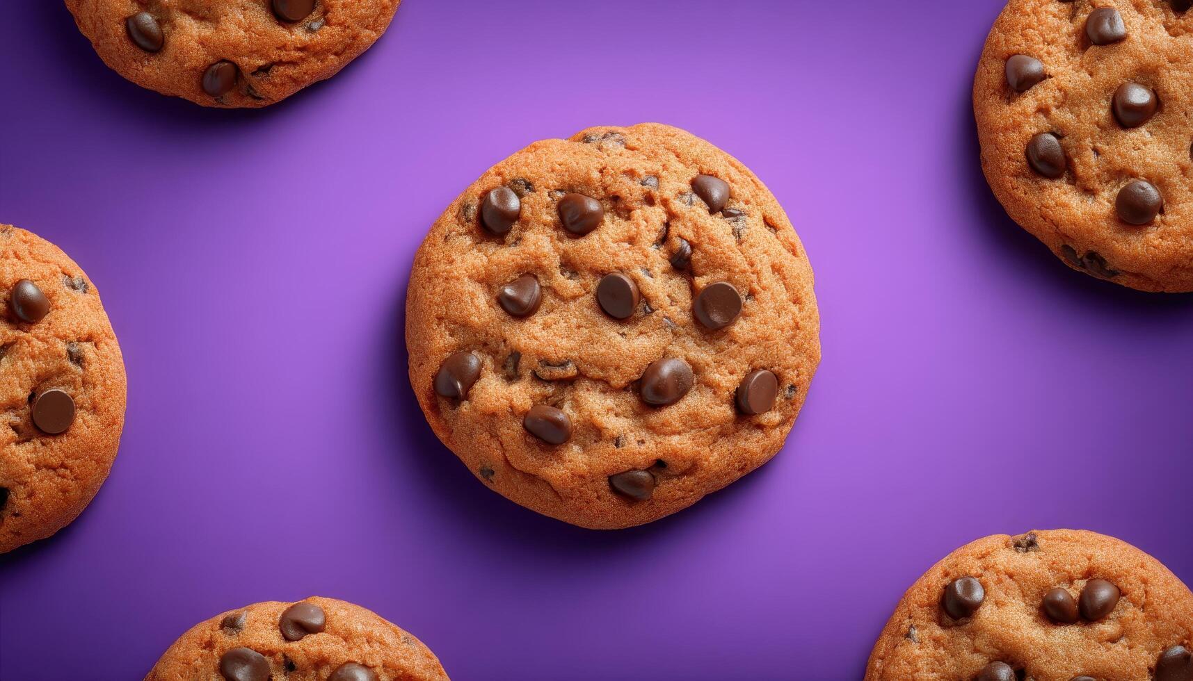 Delicious chocolate chip cookies on colorful background food photography creative setting top view photo