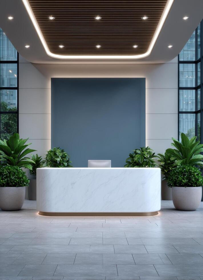 Modern minimal reception area with subtle lighting design in urban office environment photo