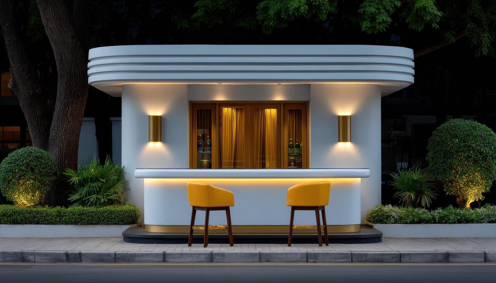 Elegant backyard bar with strip lights outdoor setting modern design evening vibe photo