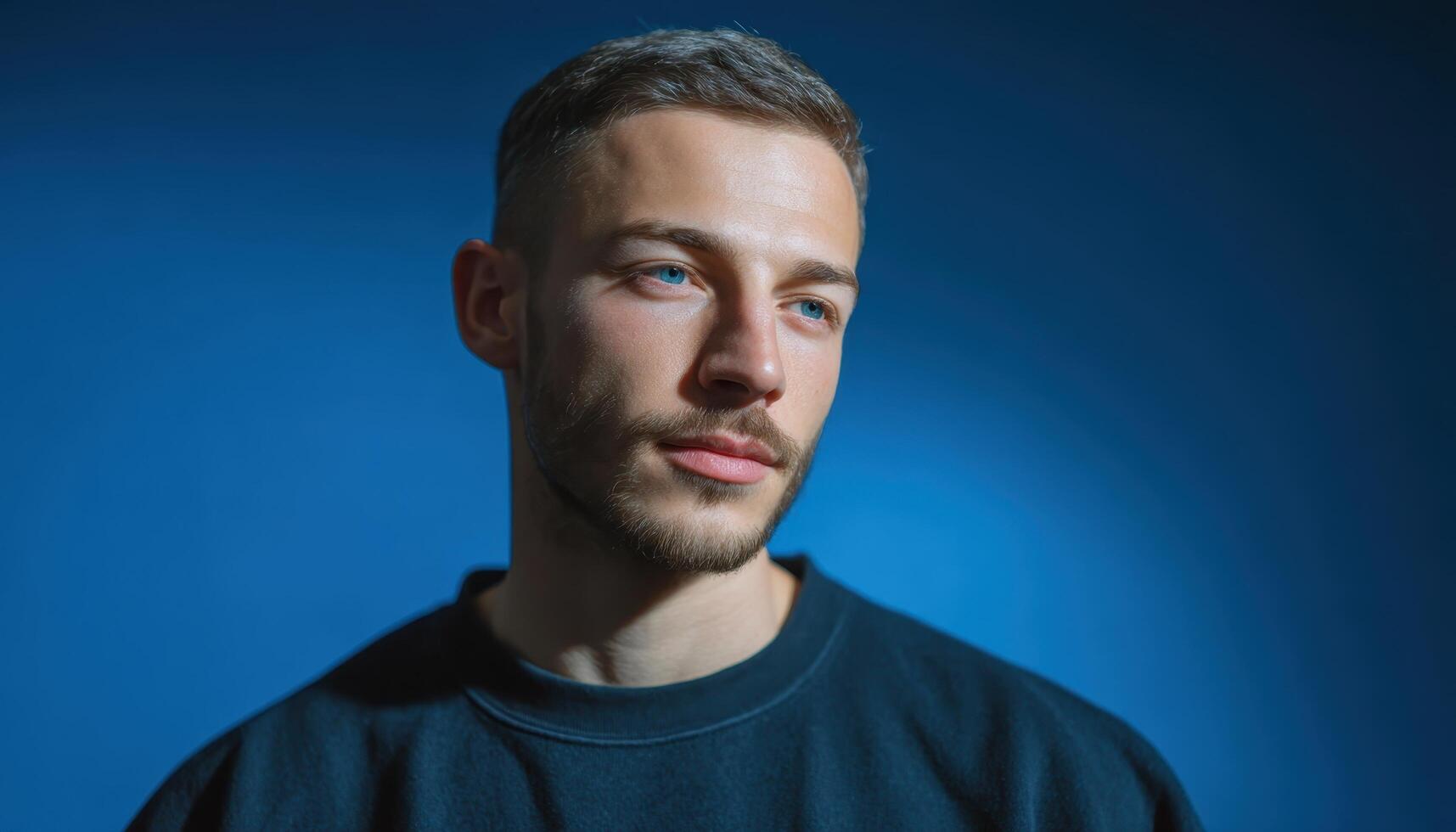 High-contrast minimalist portrait of a young man studio setting bold lighting close-up view photo