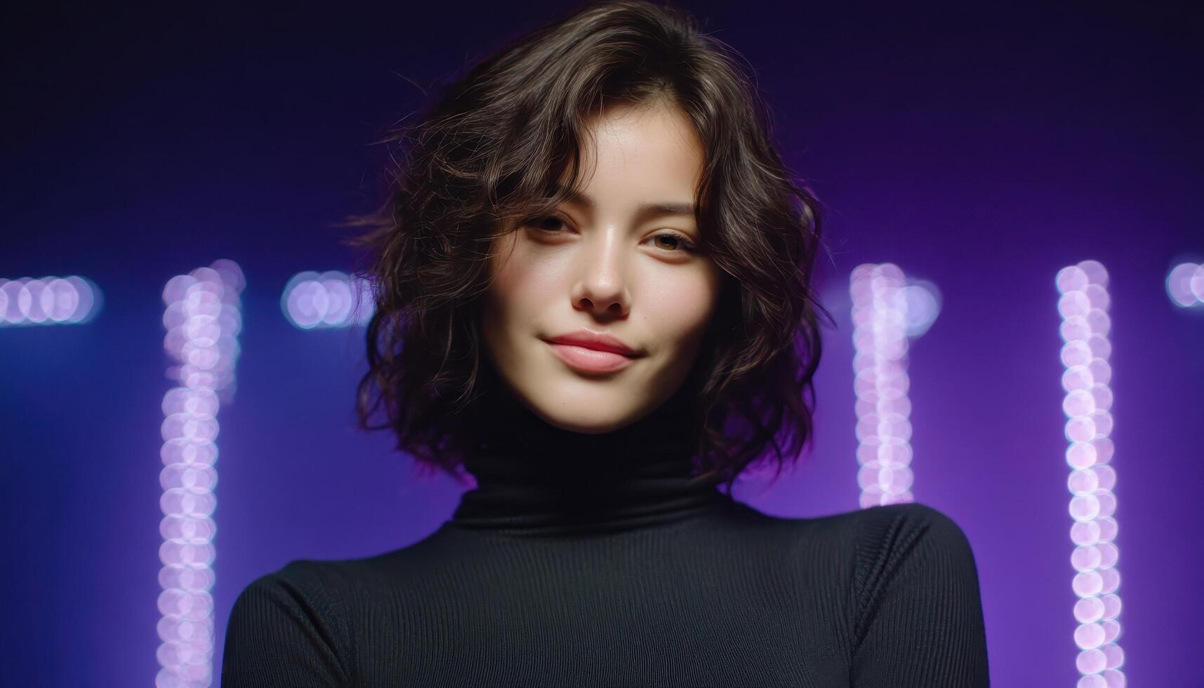 Woman in turtleneck posing calmly with vertical led lights studio portrait creative close-up photo