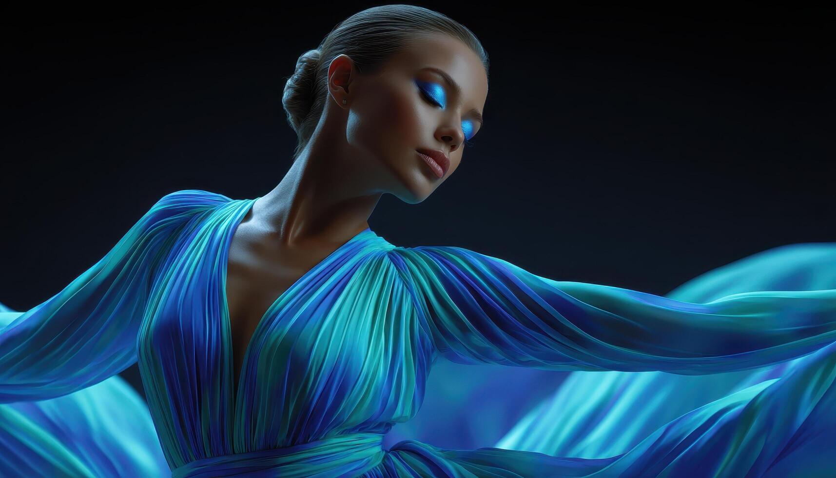 Graceful dance of a girl in flowing clothes soft beam light studio ethereal mood photo