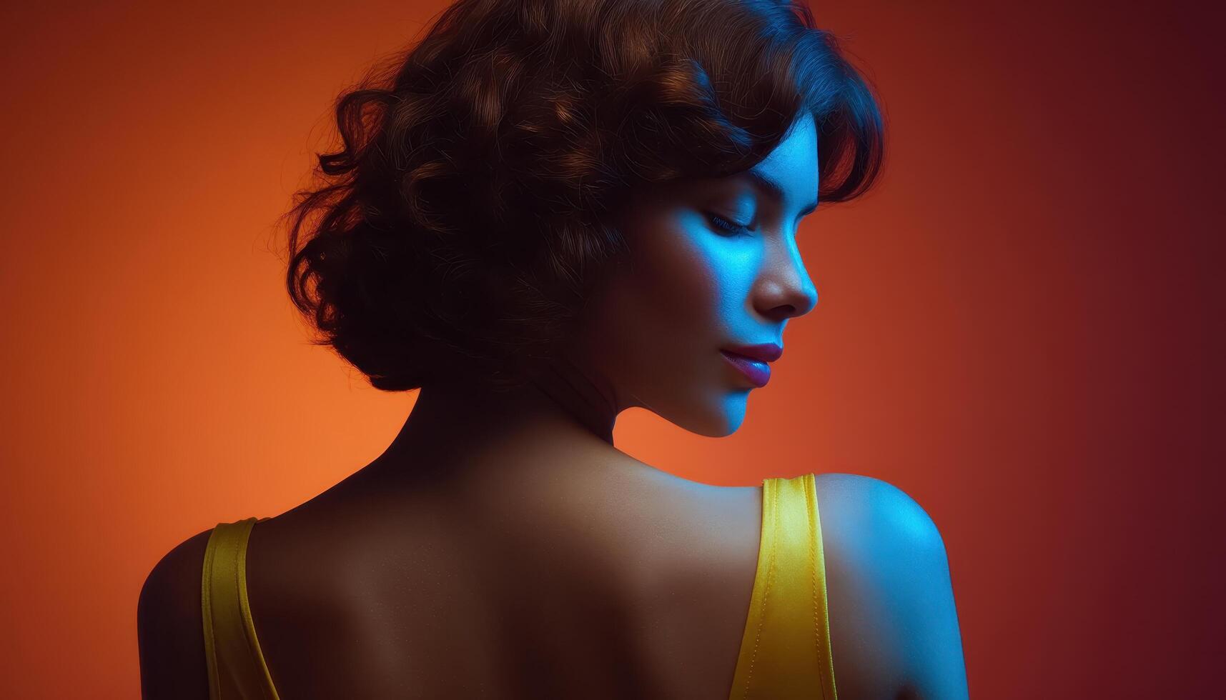 Back view of a woman in horizontal line lighting studio portrait colorful artistic concept photo