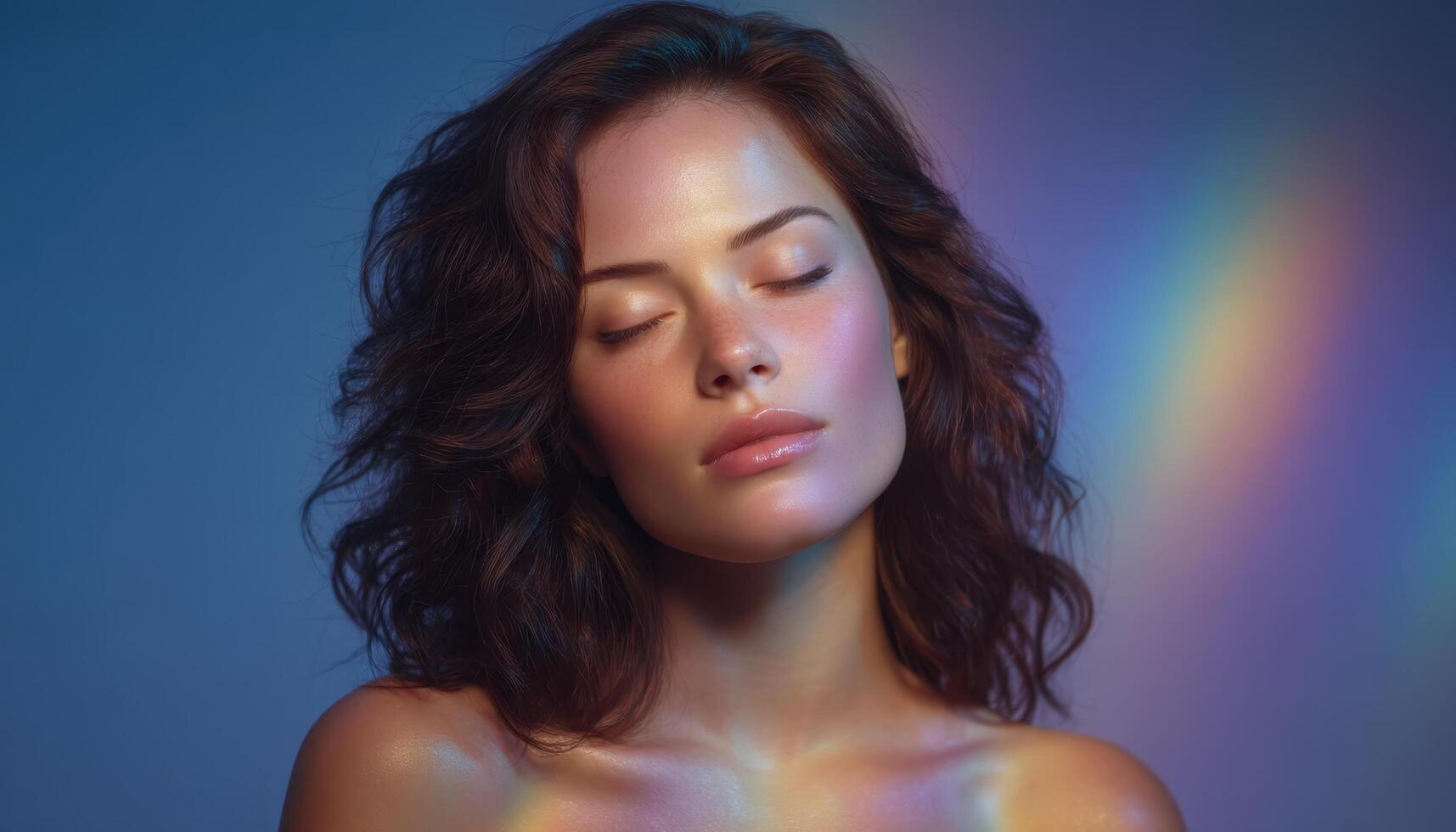 Backlit woman in pastel spa with glowing vertical lights serene atmosphere portrait view photo