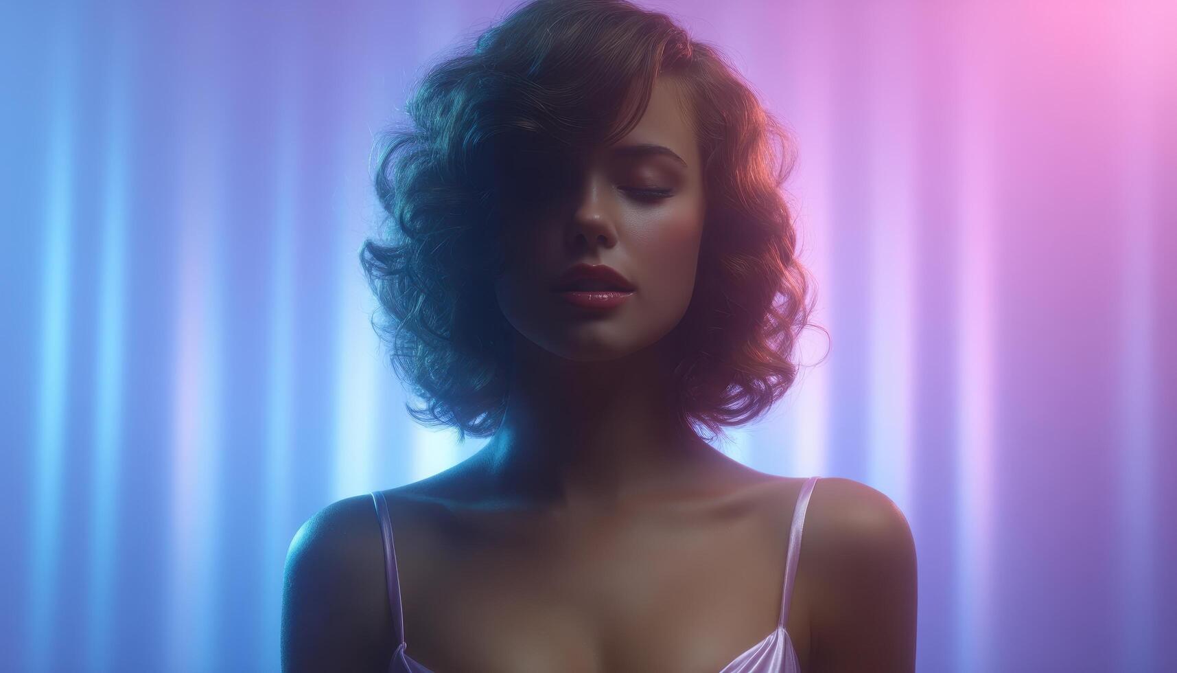 Radiant woman in pastel spa with glowing lights serene atmosphere captivating view photo