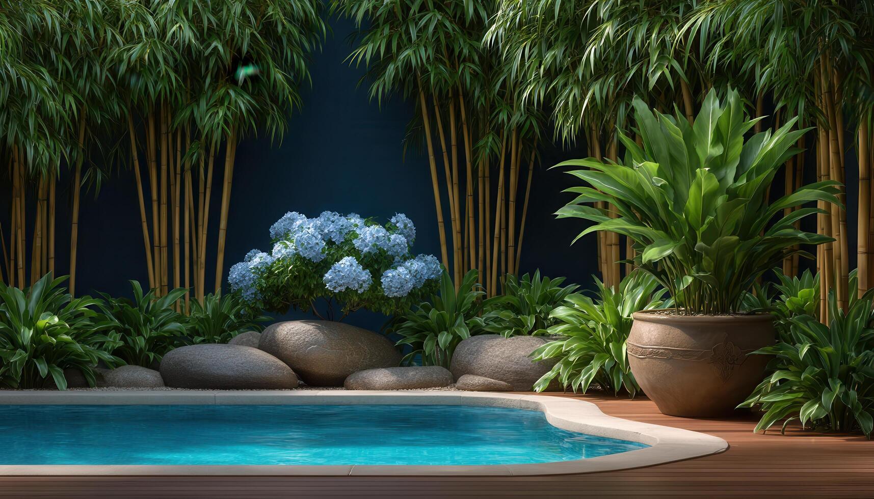 Tranquil bamboo oasis with pool edge lighting backyard retreat serene environment low-resolution style photo