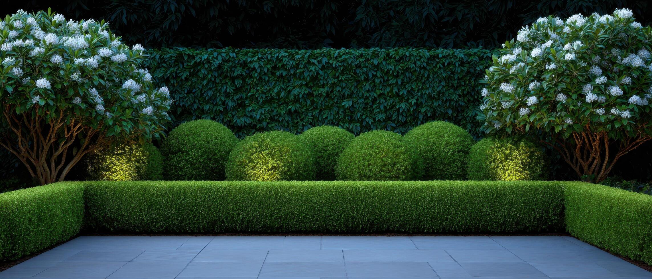 Elegant garden with sculpted hedges and embedded lights outdoor landscape tranquil night view photo