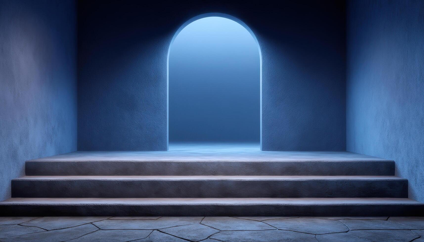 Minimal concrete steps leading to a lit doorframe indoor setting ambient lighting perspective photo