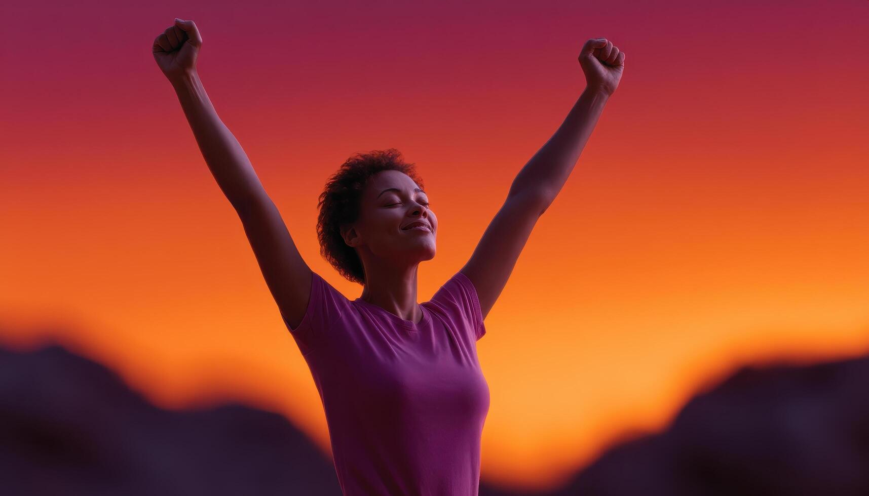 Joyful woman celebrating on a hilltop at sunset nature landscape inspirational view photo