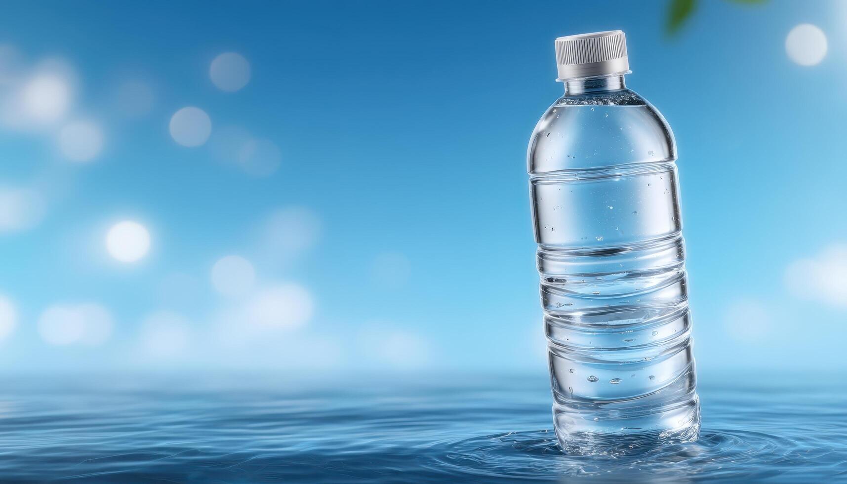 Refreshing clean water bottle product in tranquil blue environment for modern ads photo