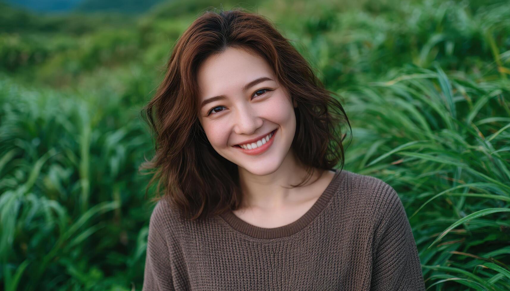 Joyful asian woman smiling in lush green field nature escape outdoor portrait relaxing environment photo