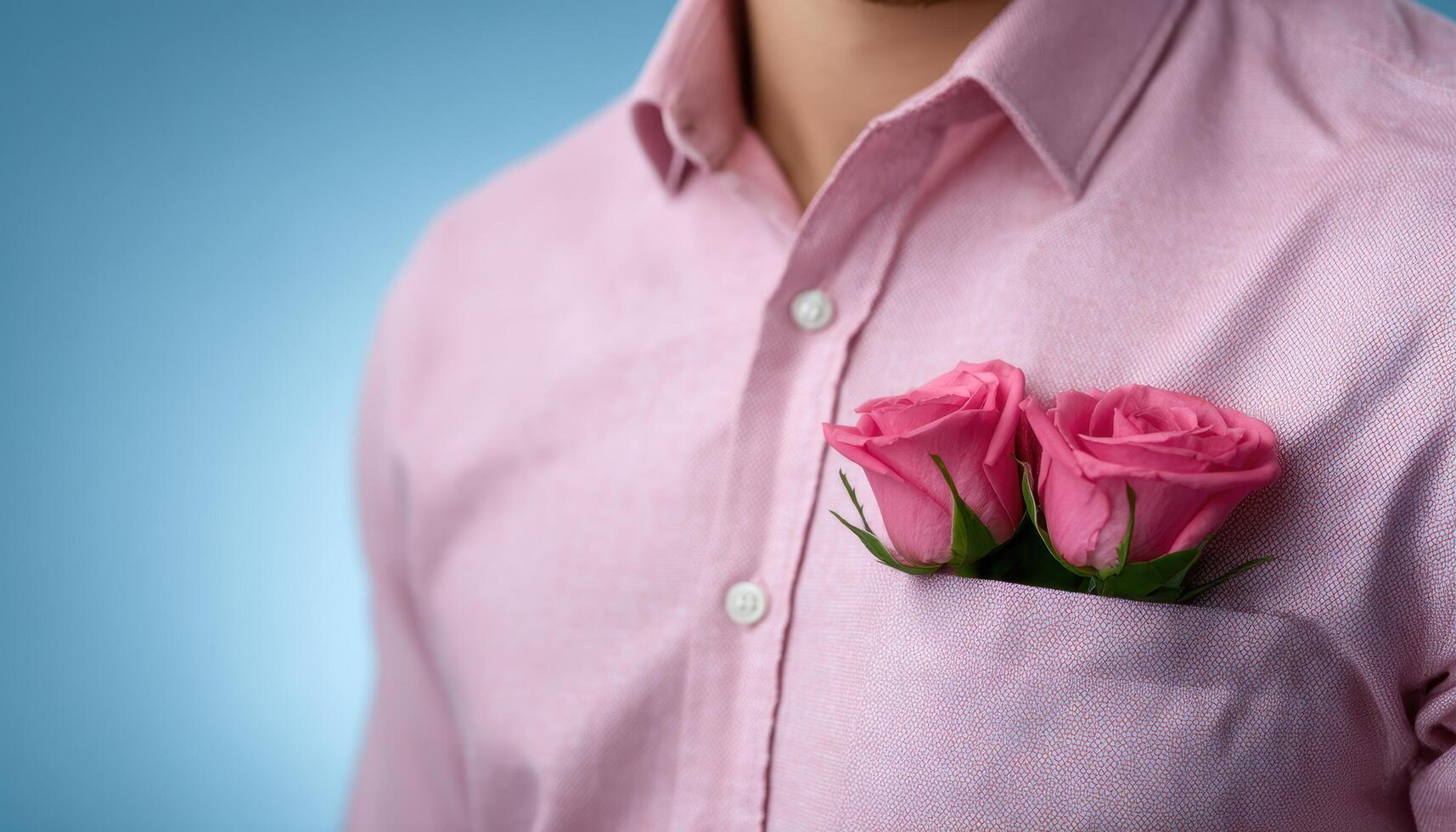 Modern man with roses in pocket minimal background portrait style calm environment photo