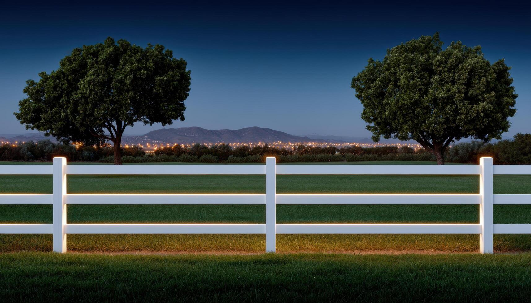 Glowing linear fence lighting in a serene backyard at night high fidelity peaceful environment photo