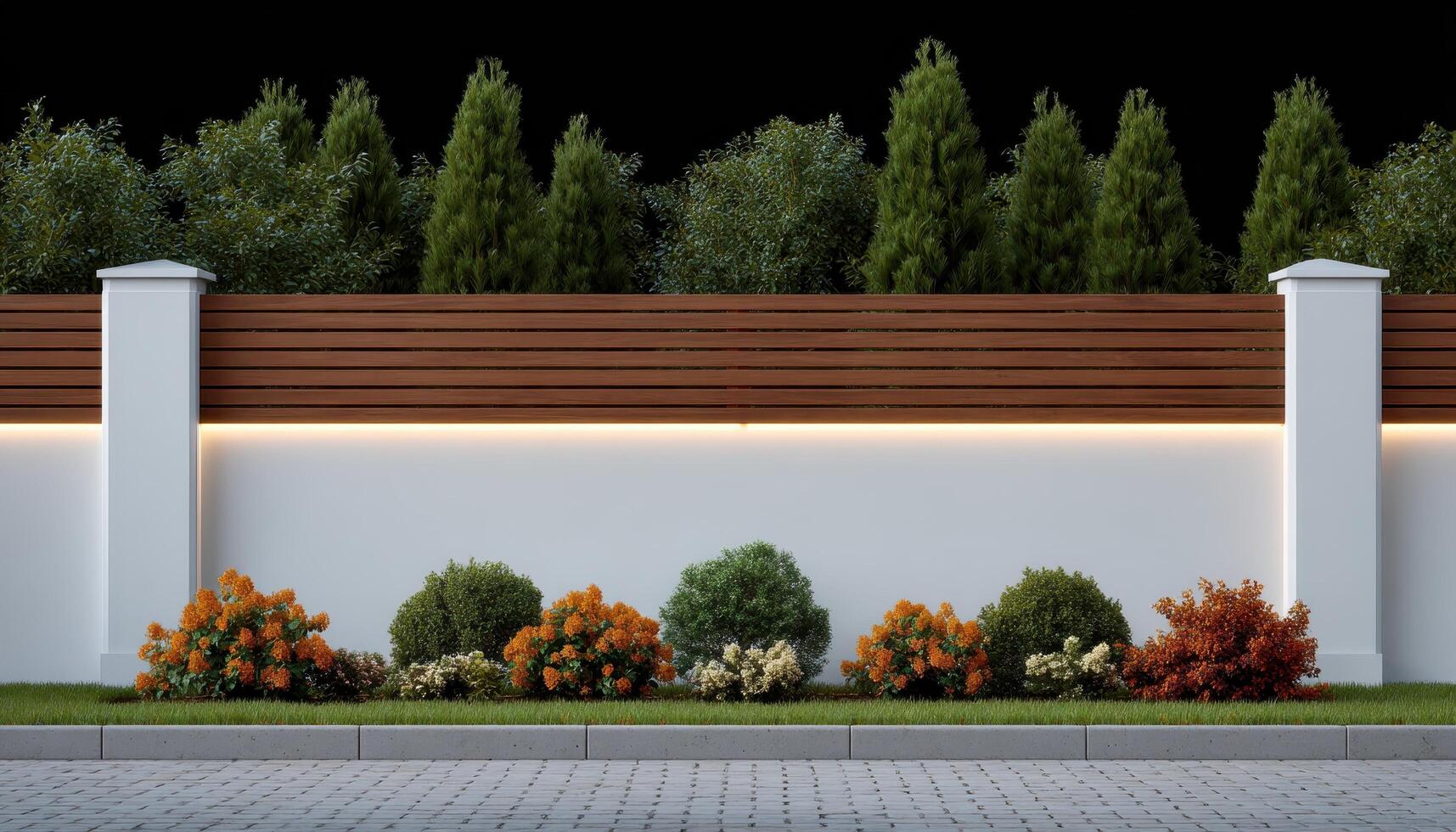 Nighttime backyard fence with soft glowing lights outdoor garden modern decor tranquil atmosphere photo
