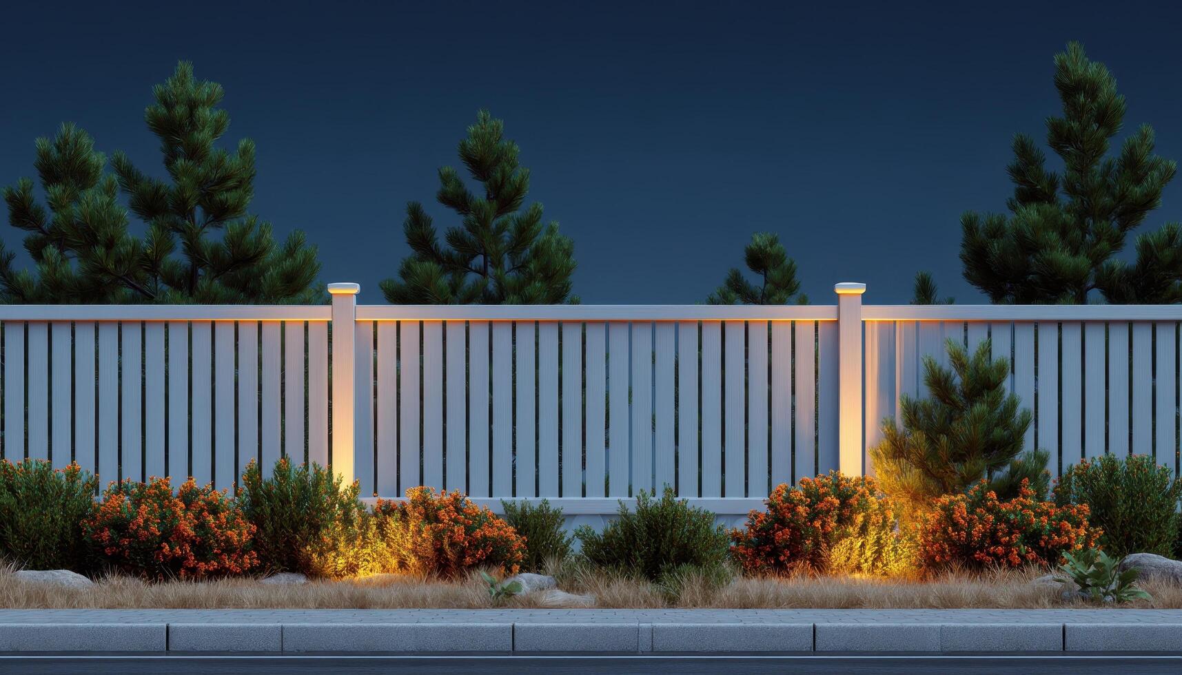 Serene nighttime backyard fence view with glowing lines outdoor landscape tranquil aesthetic photo