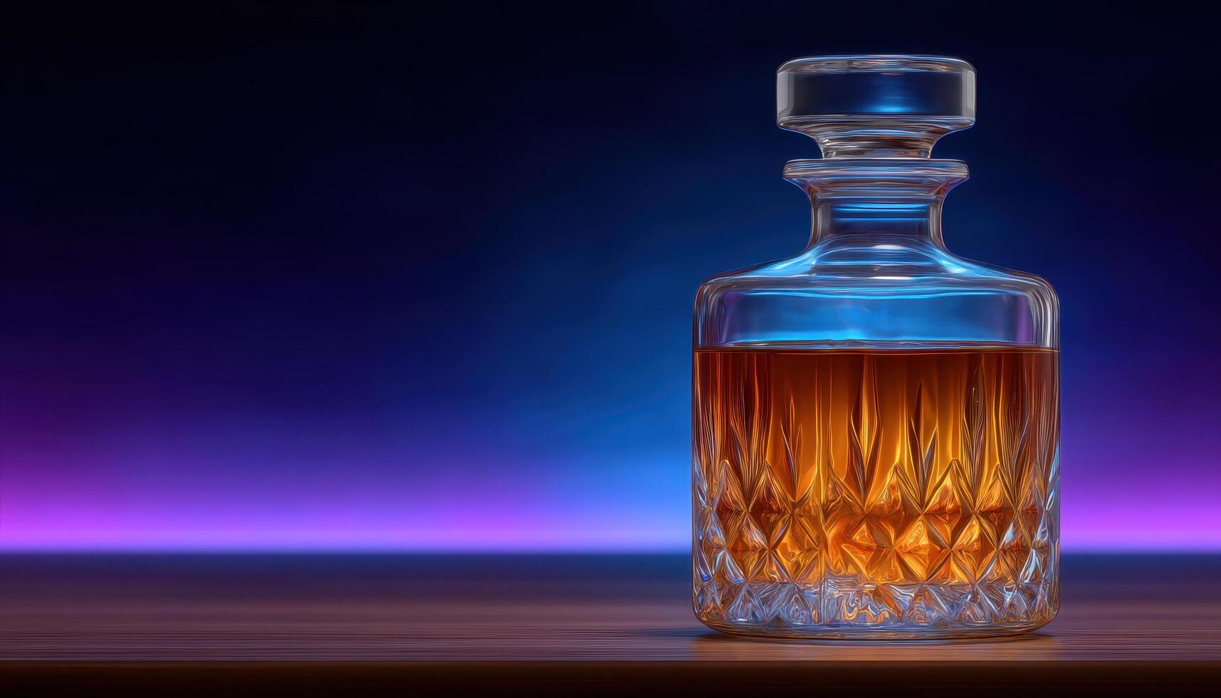 Elegant whiskey decanter on backlit shelf home bar decor modern style warm lighting photo