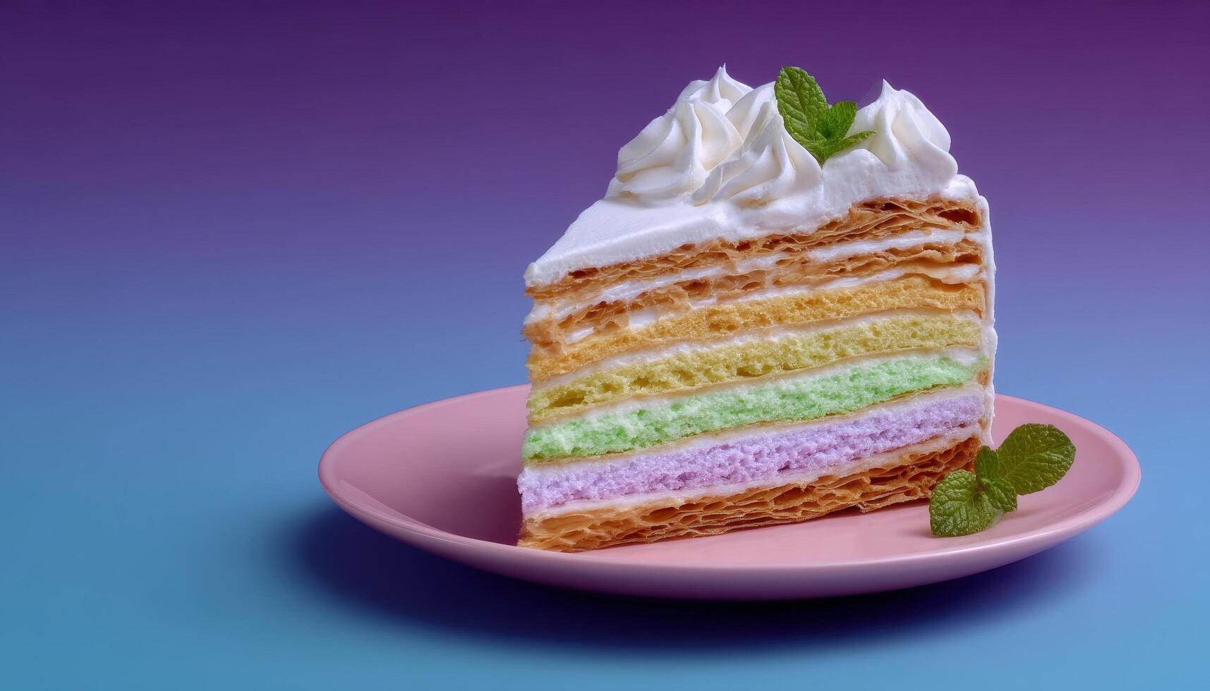 Transforming sweet delights stylish mille crepe cake displayed under led glow in cozy ambiance photo