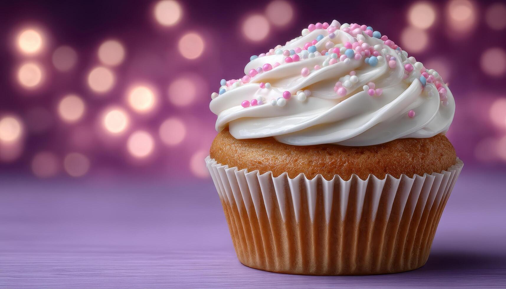 Delightful frosted cupcake with pastel sprinkles festive setting close-up view bakery concept photo