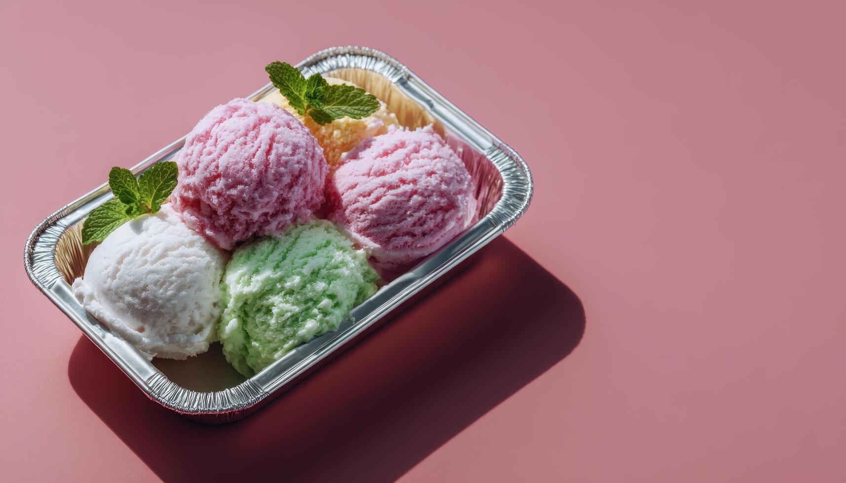 Colorful ice cream scoops on metal tray in sunlight modern food photography contemporary style photo