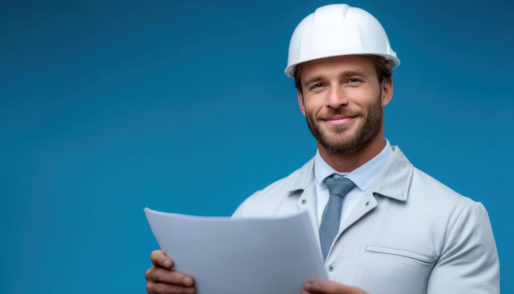 Modern engineer holding blueprint smiling in studio environment with clear background photo