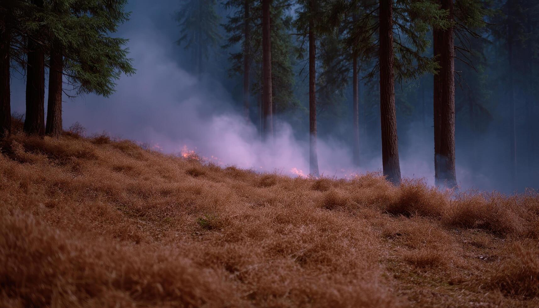 Forest fire aftermath burnt ground smoky haze natural landscape somber atmosphere photo
