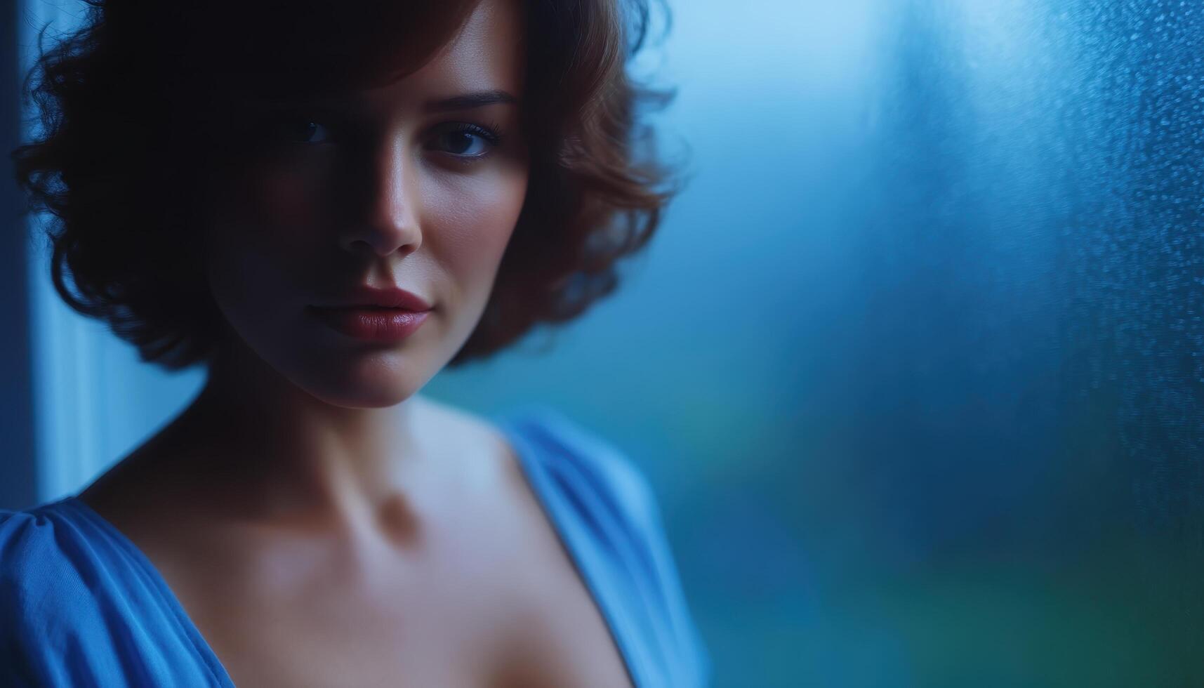 Melancholic woman's silhouette through foggy glass in dimly lit room photo