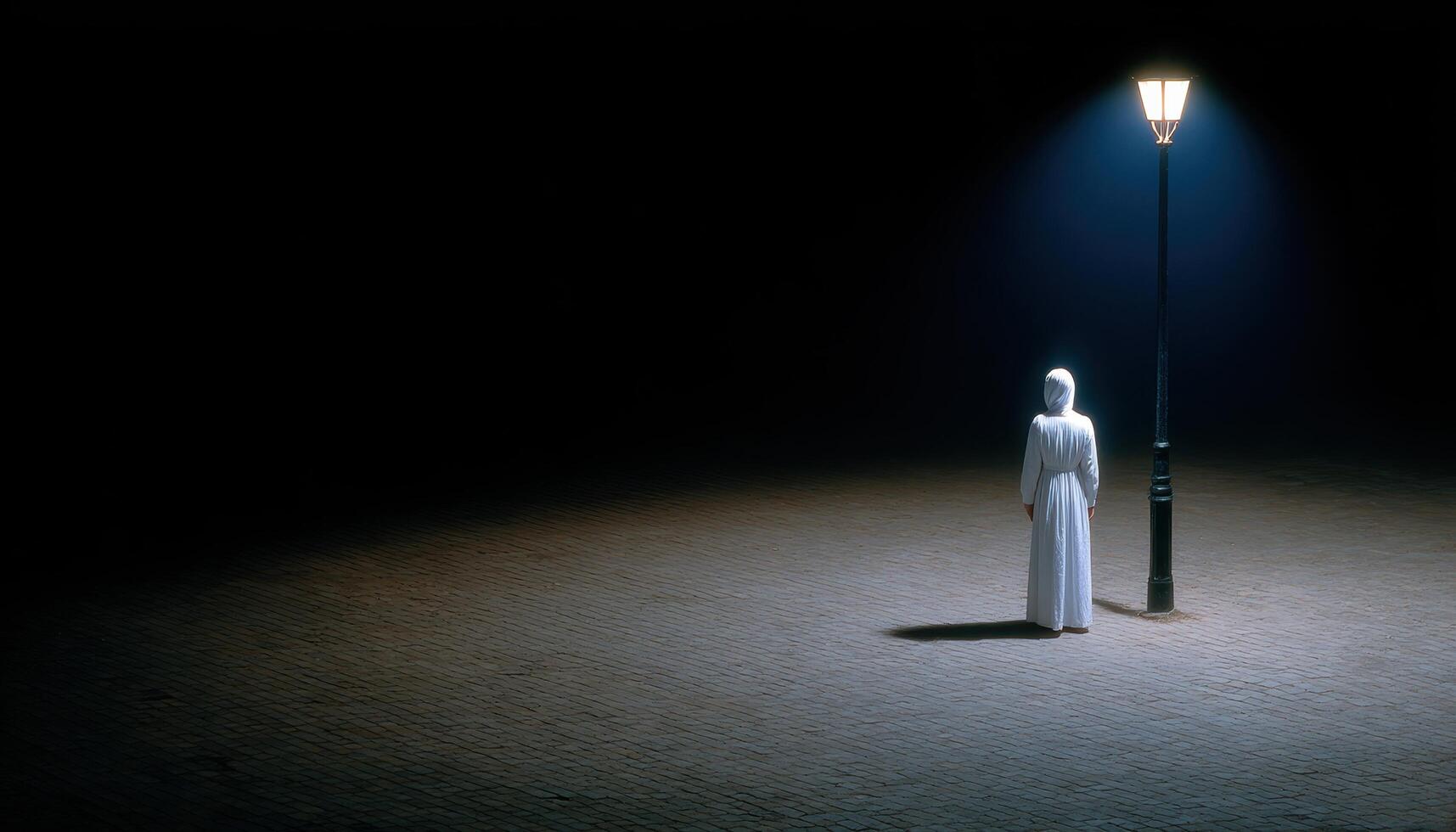 Lonely woman in shadow under streetlight at night urban setting emotional scene photo