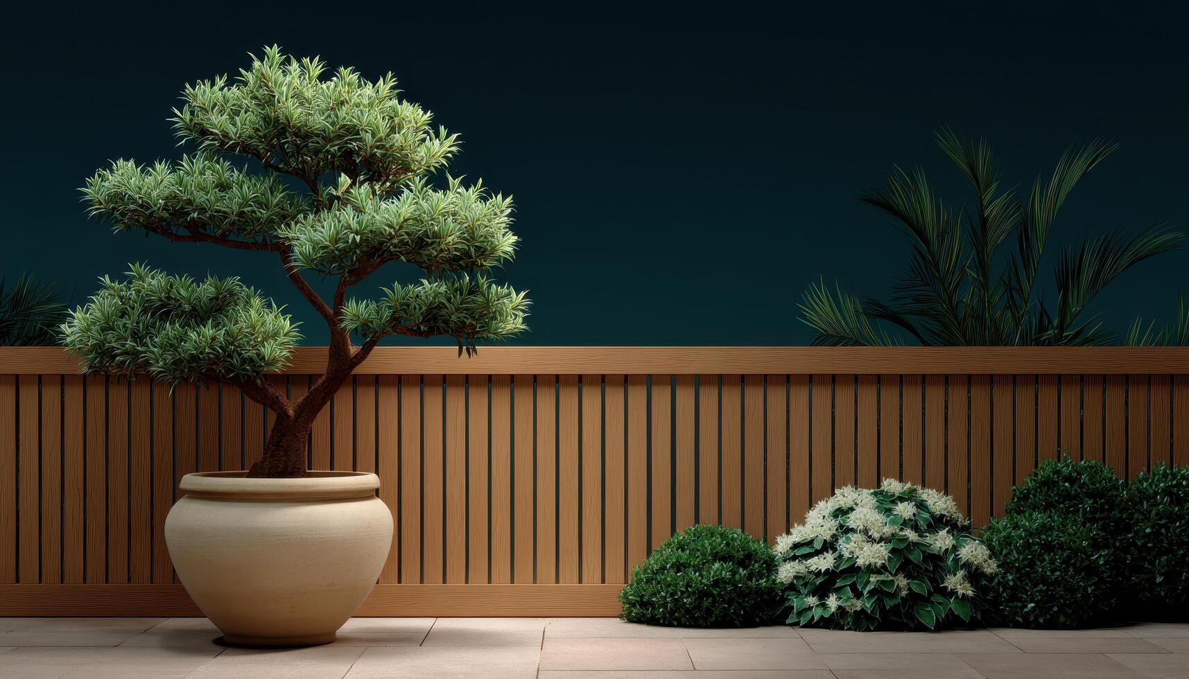 Serene night scene with natural wood fence and bonsai in soft lighting outdoor garden photo